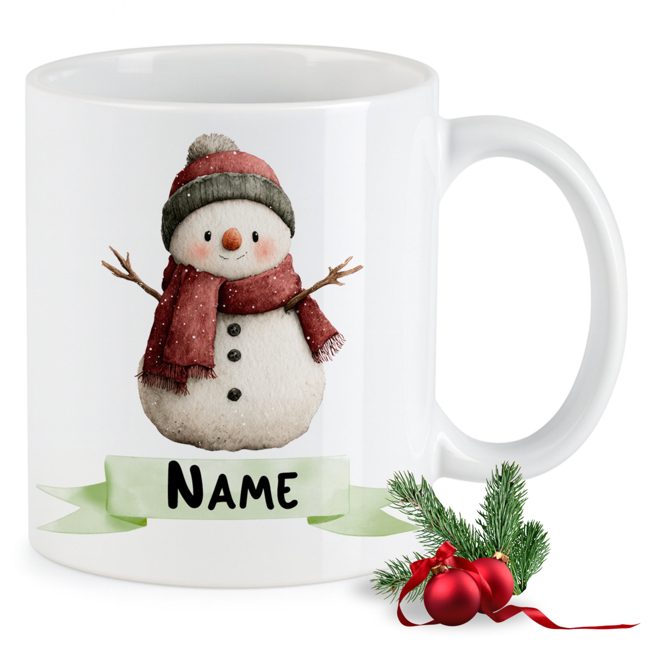 Kaffeetasse mit Schneemann, rot-weißer Schal, personalisierbar.
