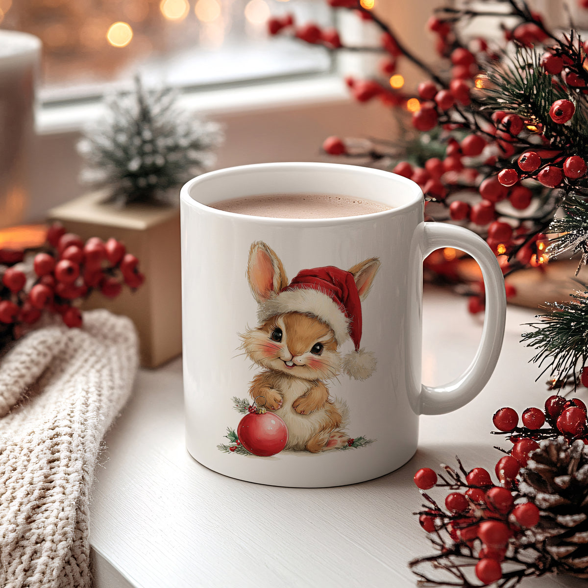Weißer Becher mit niedlichem Weihnachtskaninchen und rotem Hut.