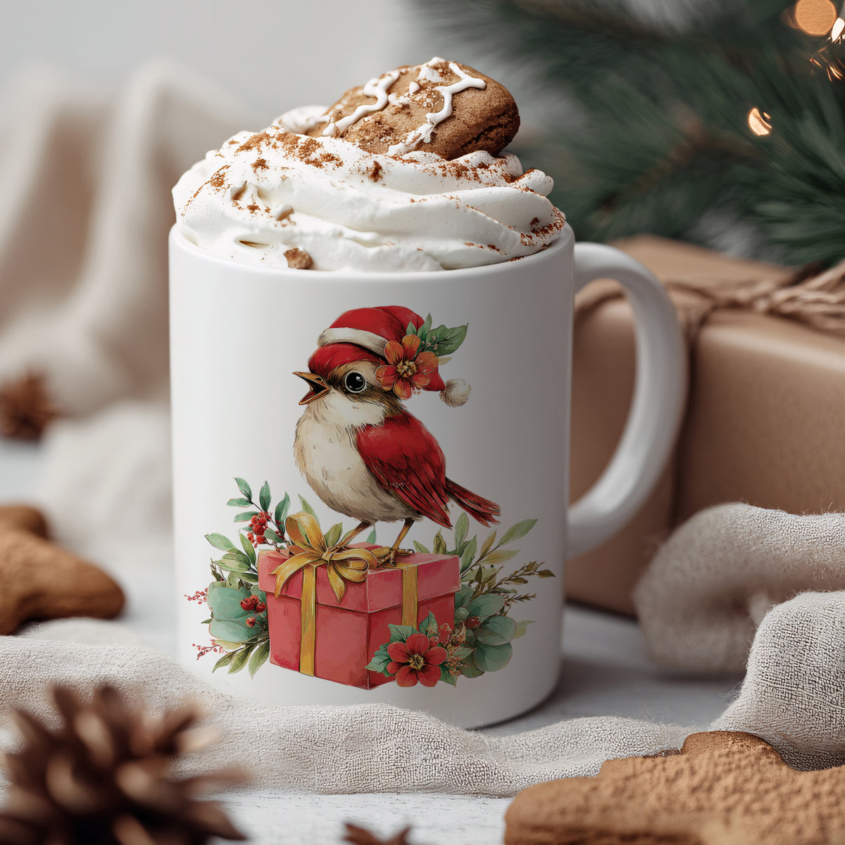 Weißer Becher mit rotem Vogel, Weihnachtsgeschenk und Sahne.