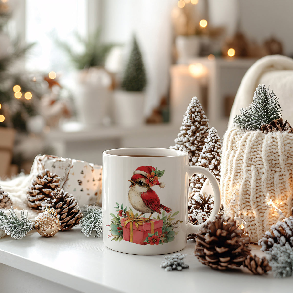 Weißer Becher mit rotem Vogel und Geschenkmotiv.