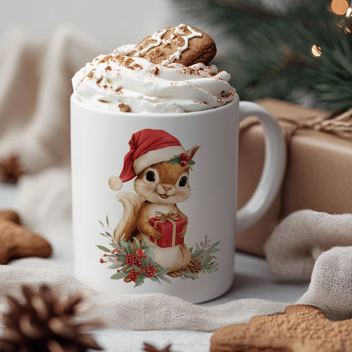 Weißer Becher mit Eichhörnchen, Weihnachtsmütze und Geschenk.