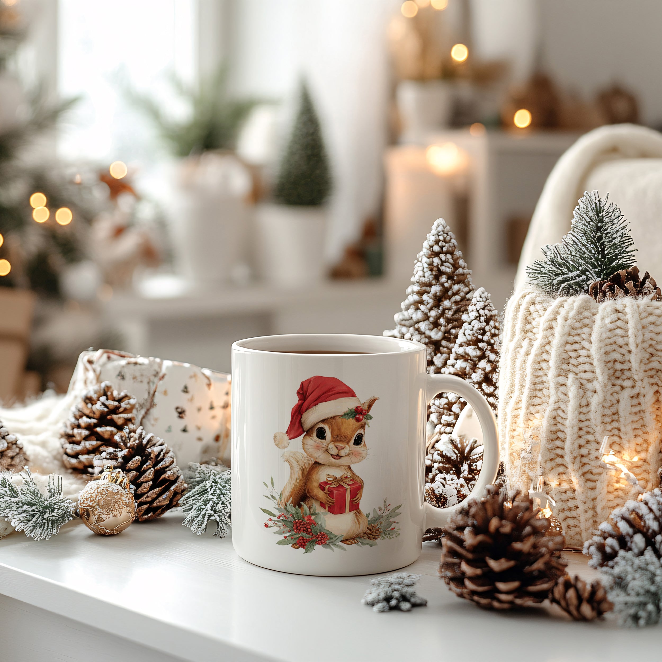 Tasse mit Eichhörnchen im Weihnachtsmann-Hut, weiß.