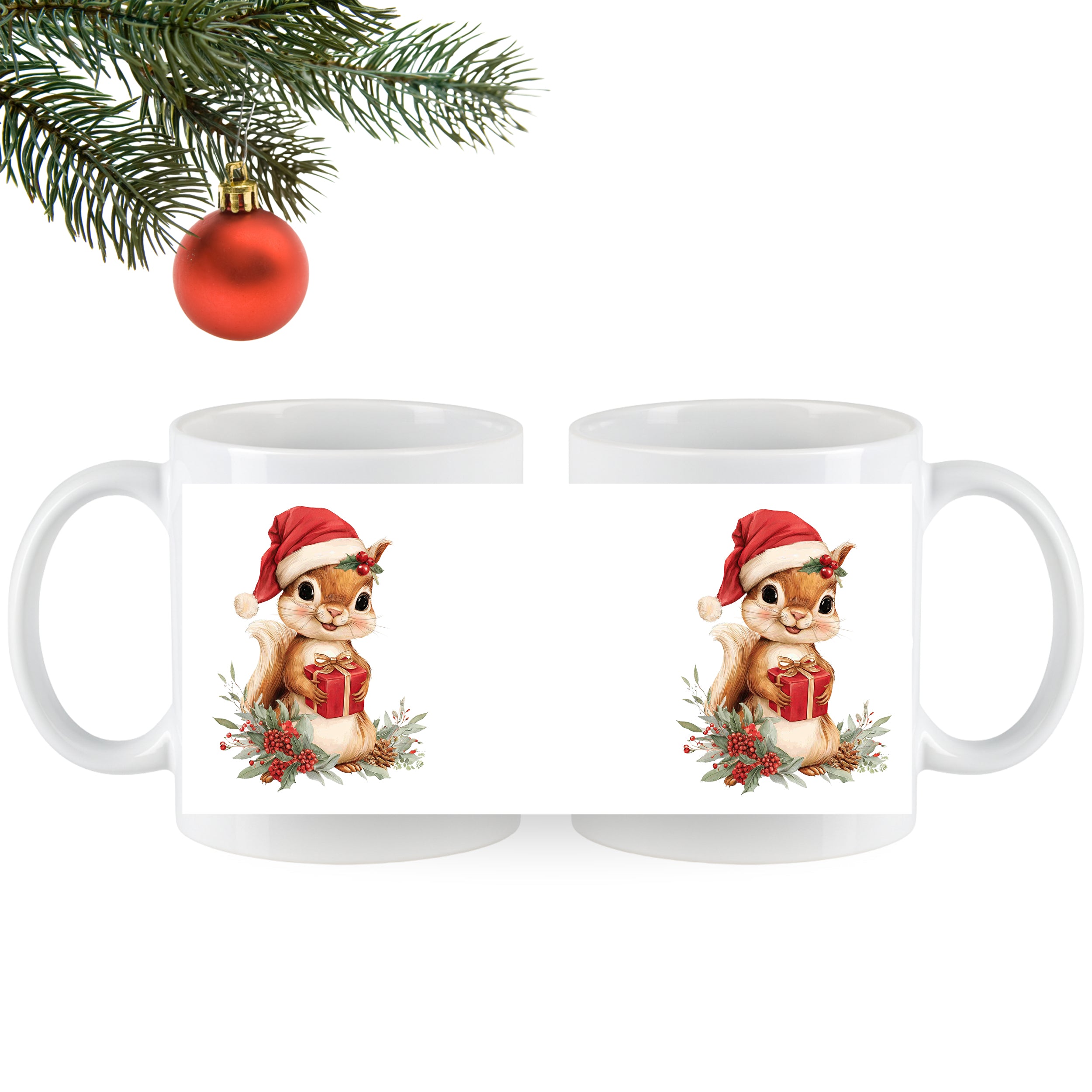 Weißer Weihnachtsbecher mit niedlichen Tieren und Geschenken.