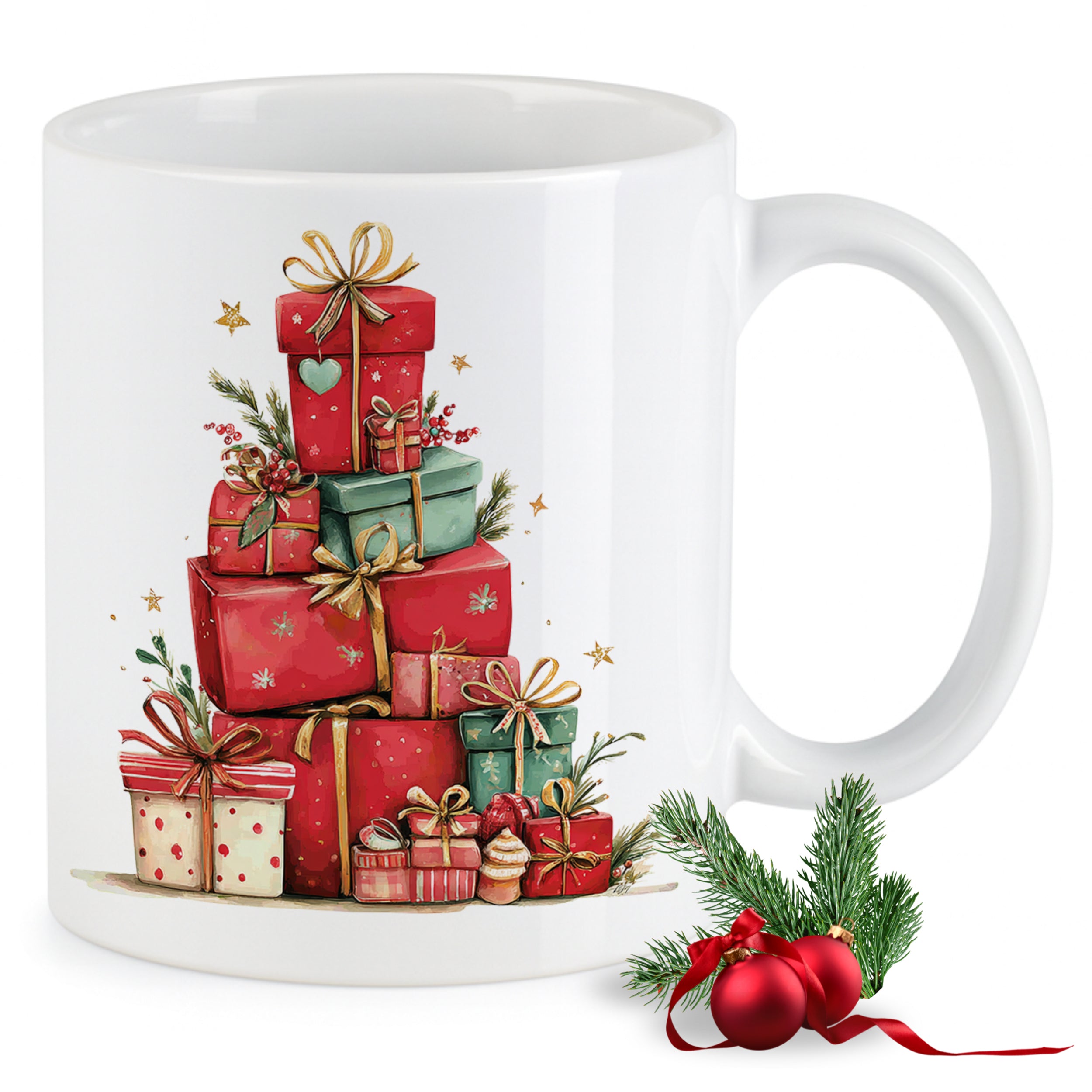 Weißer Becher mit bunten Geschenken und Weihnachtsmotiven.