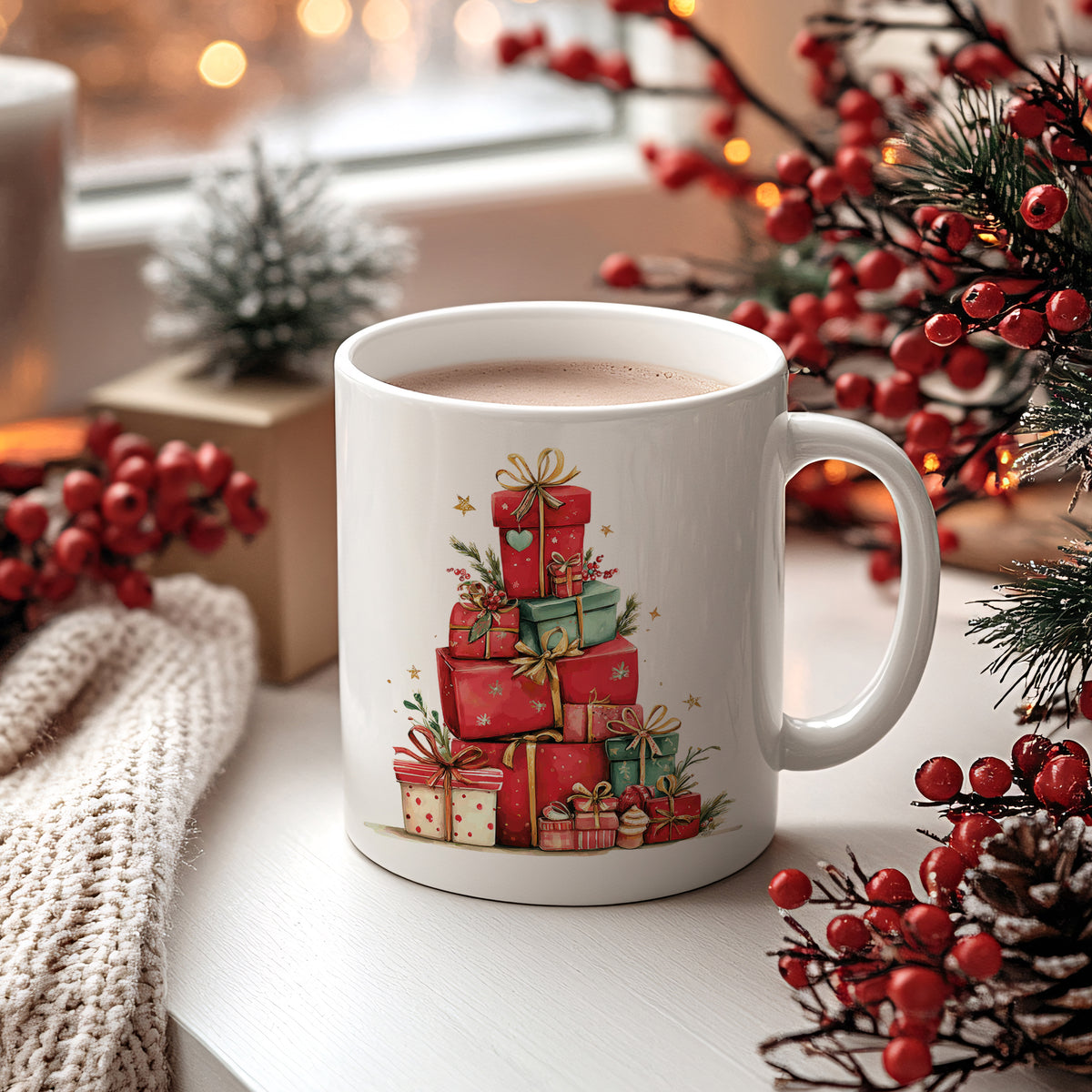 Tasse mit bunten Geschenken und heißem Getränk.