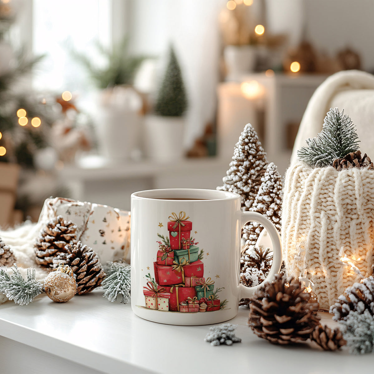 Weißer Becher mit bunten Geschenkpaketen und Tannenzapfen.