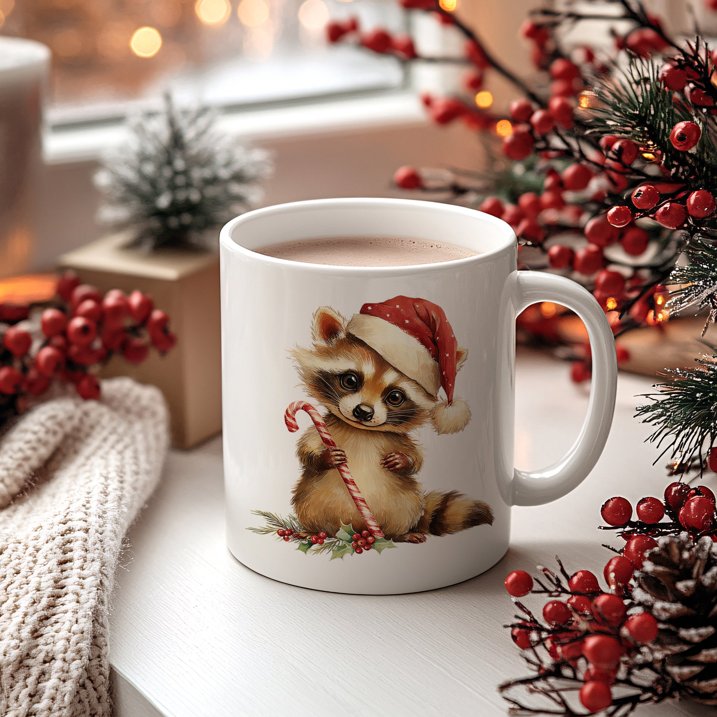 Tasse mit niedlichem Waschbären im Weihnachtsmann-Hut.