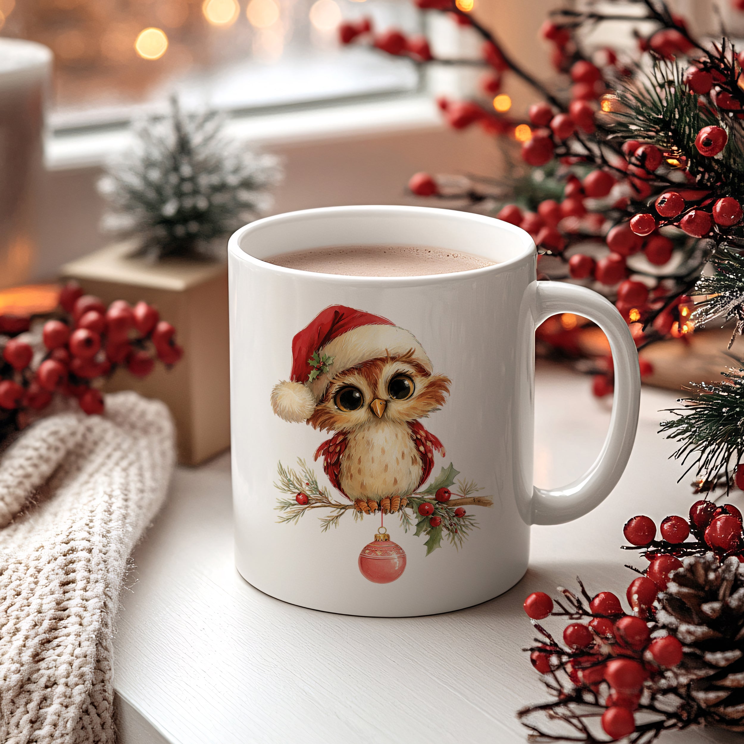 Kaffeetasse mit Eule im Weihnachtsmann-Hut, rot-weiß.