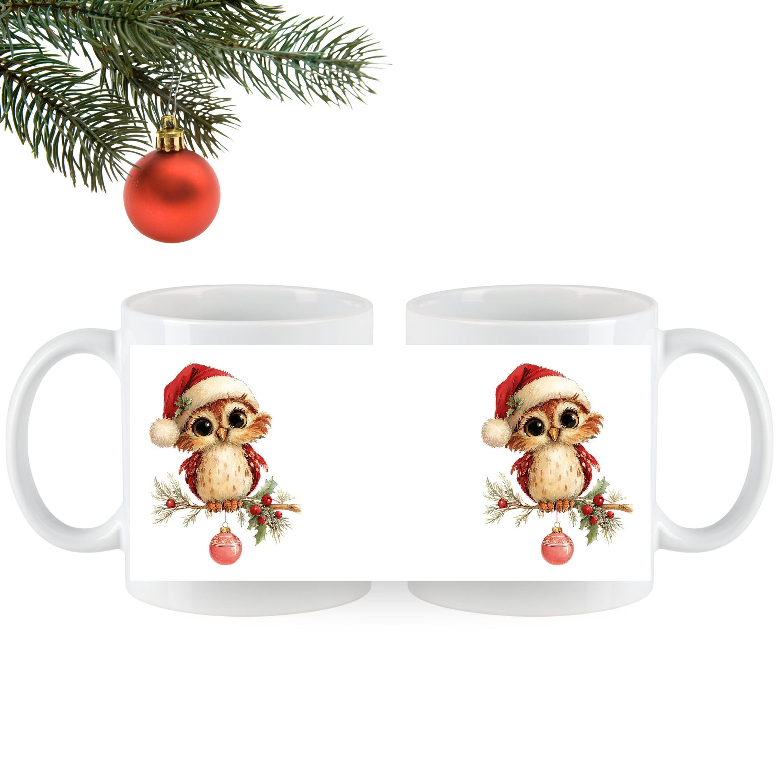Weiße Tasse mit Weihnachts-Eule und rotem Hut.