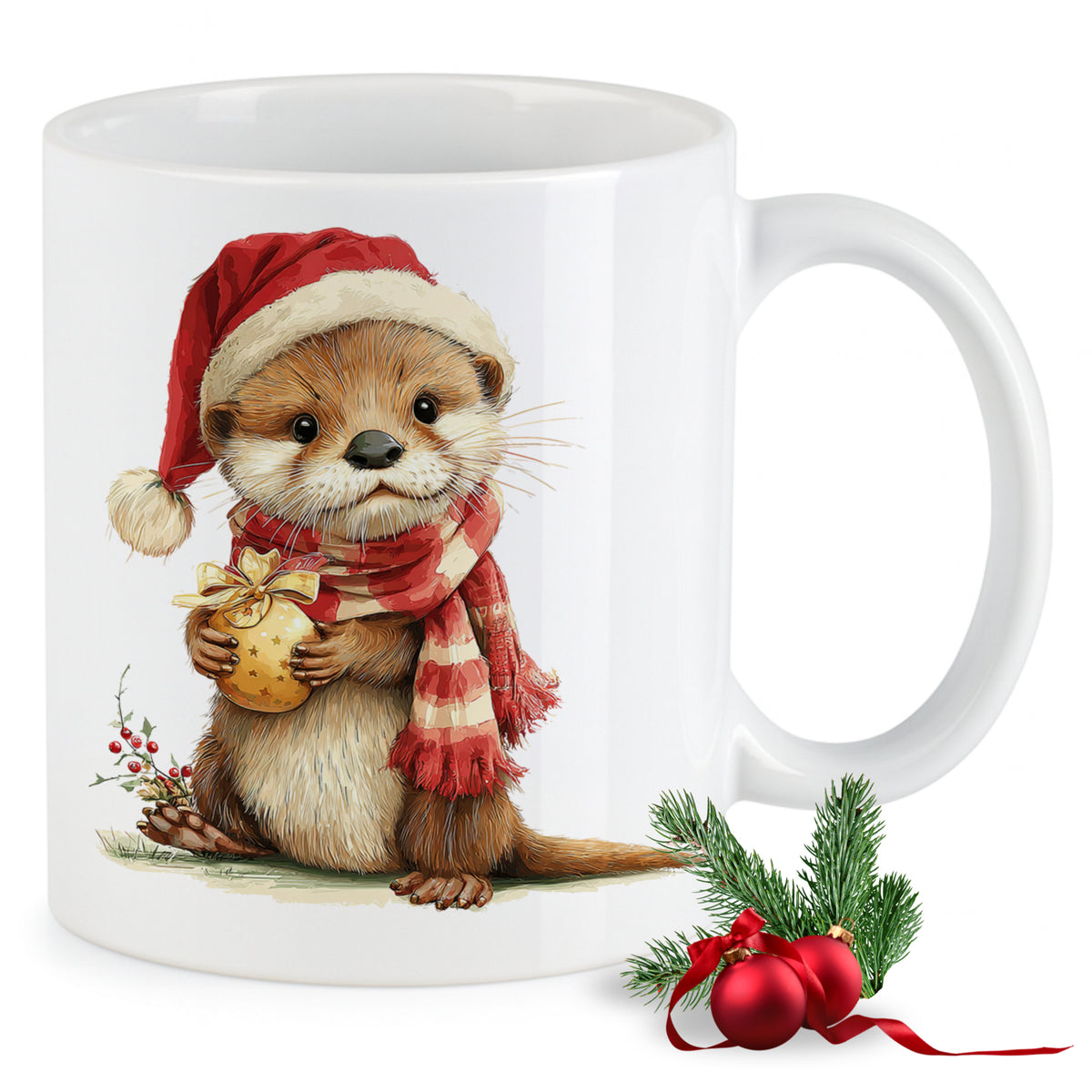 Weißer Becher mit Weihnachtsotter, roter Mütze und Schal.