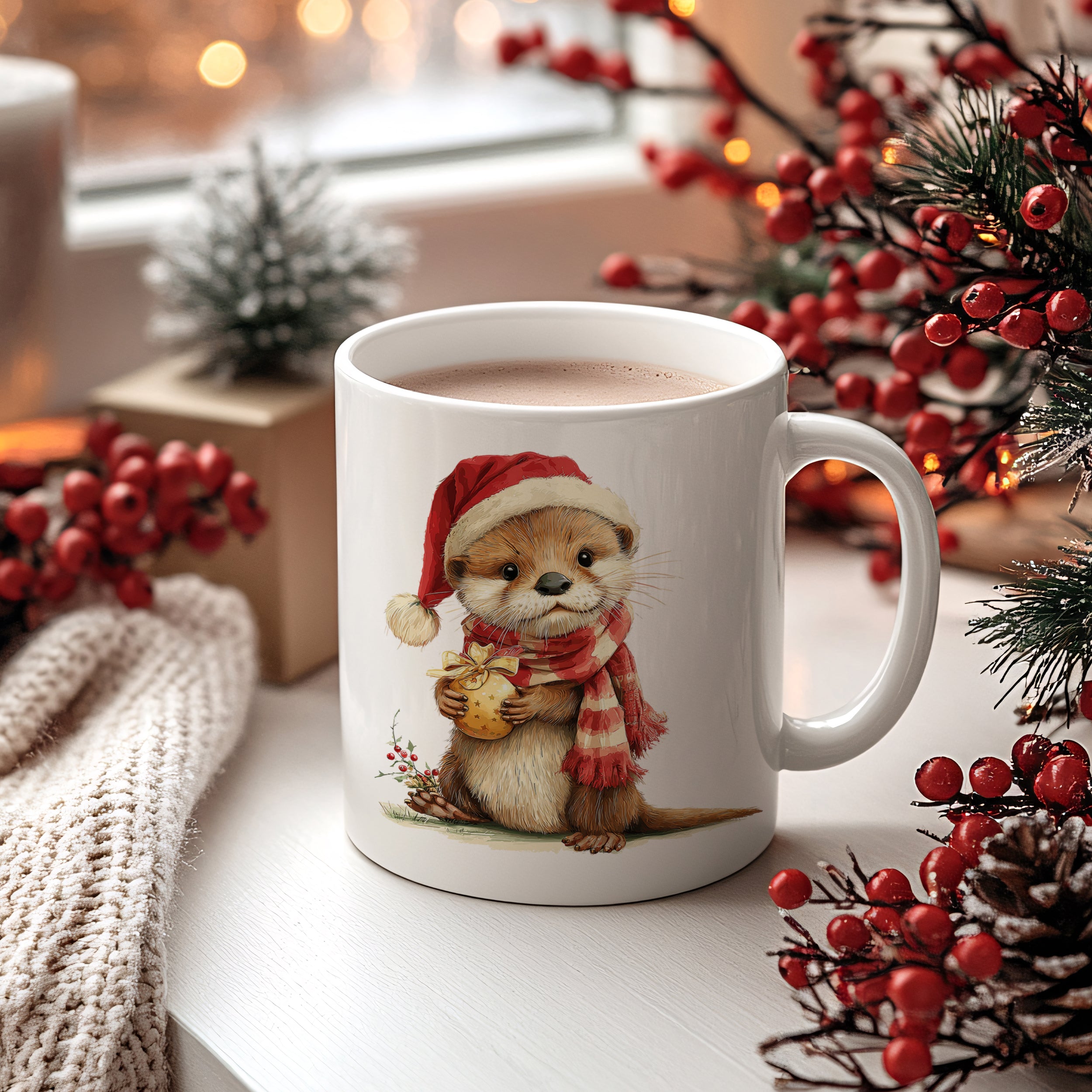 Weißer Becher mit niedlichem Otter im Weihnachtslook.