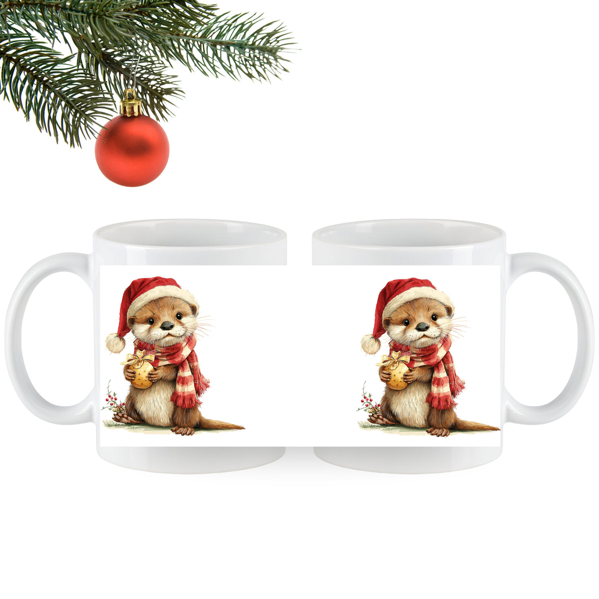 Tassen mit niedlichem Otter im Weihnachtsmann-Hut.