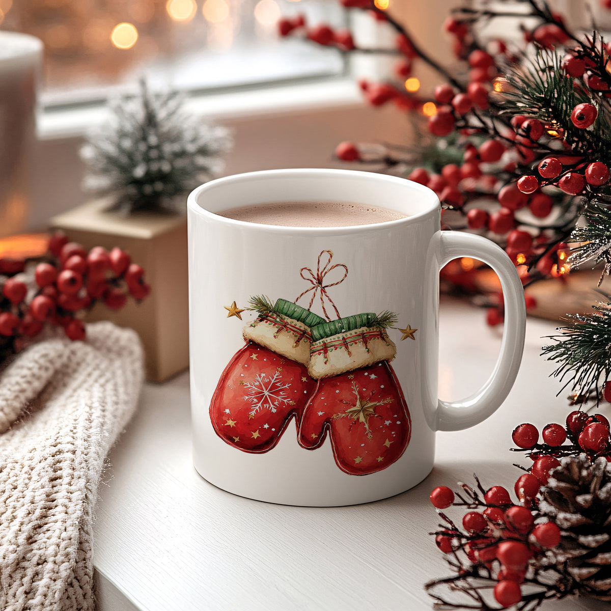 Kaffeetasse mit roten Handschuhen und Schneeflocken-Motiv.
