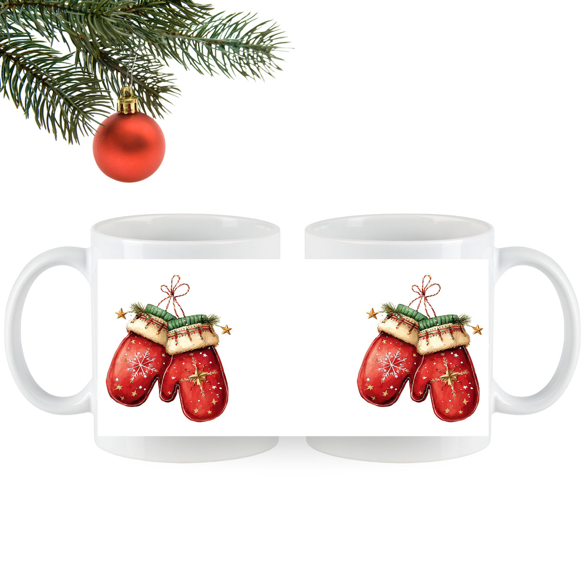 Weihnachtliche Tasse mit roten Handschuhen und Dekoration.