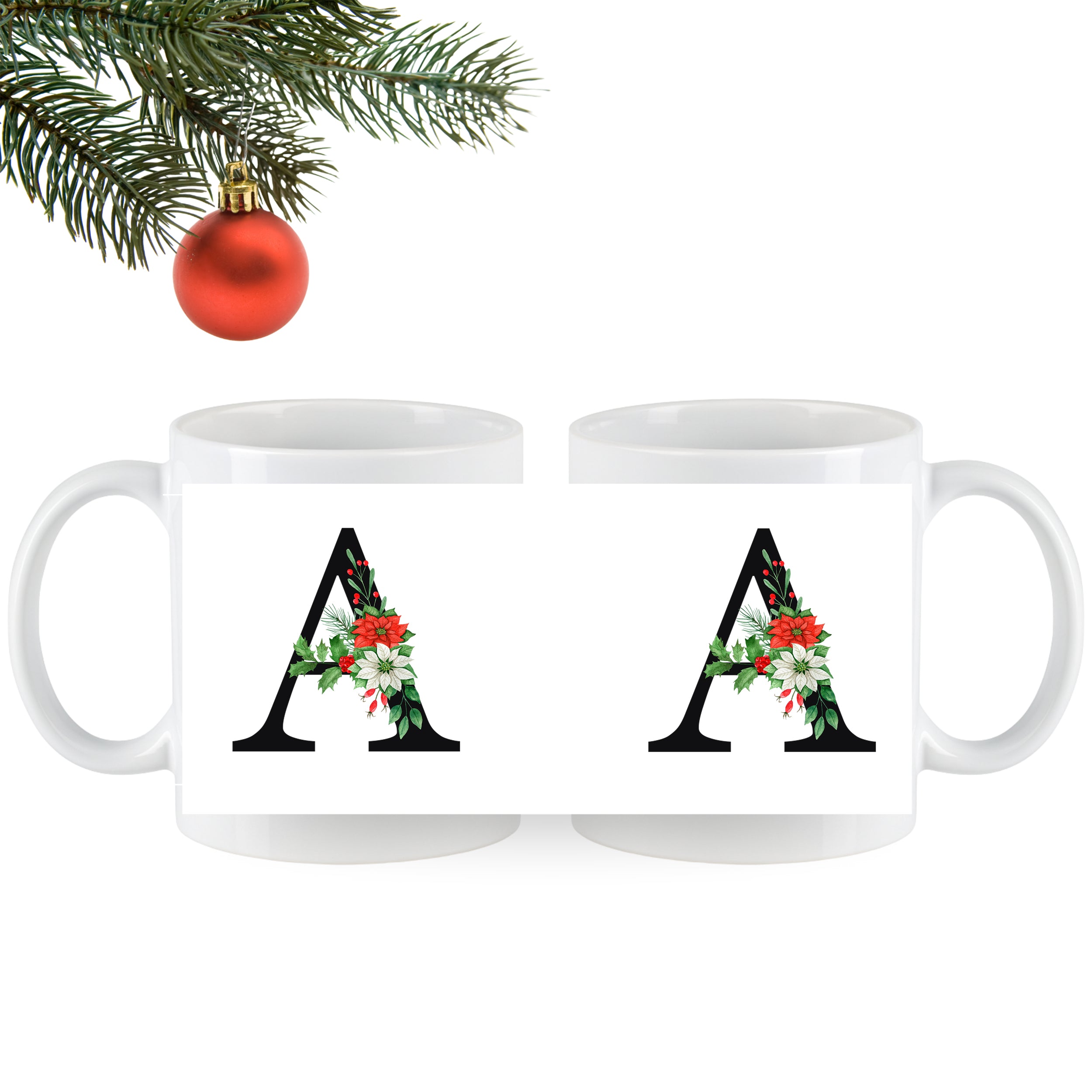 Weißer Kaffeebecher mit floralem "A" Design.