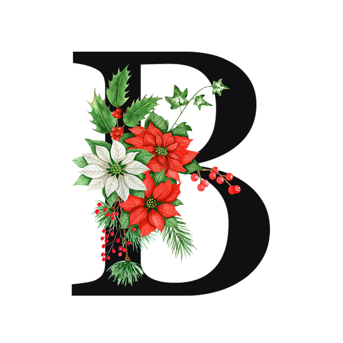 Schwarzer Buchstabe B mit roten und weißen Weihnachtsblumen.
