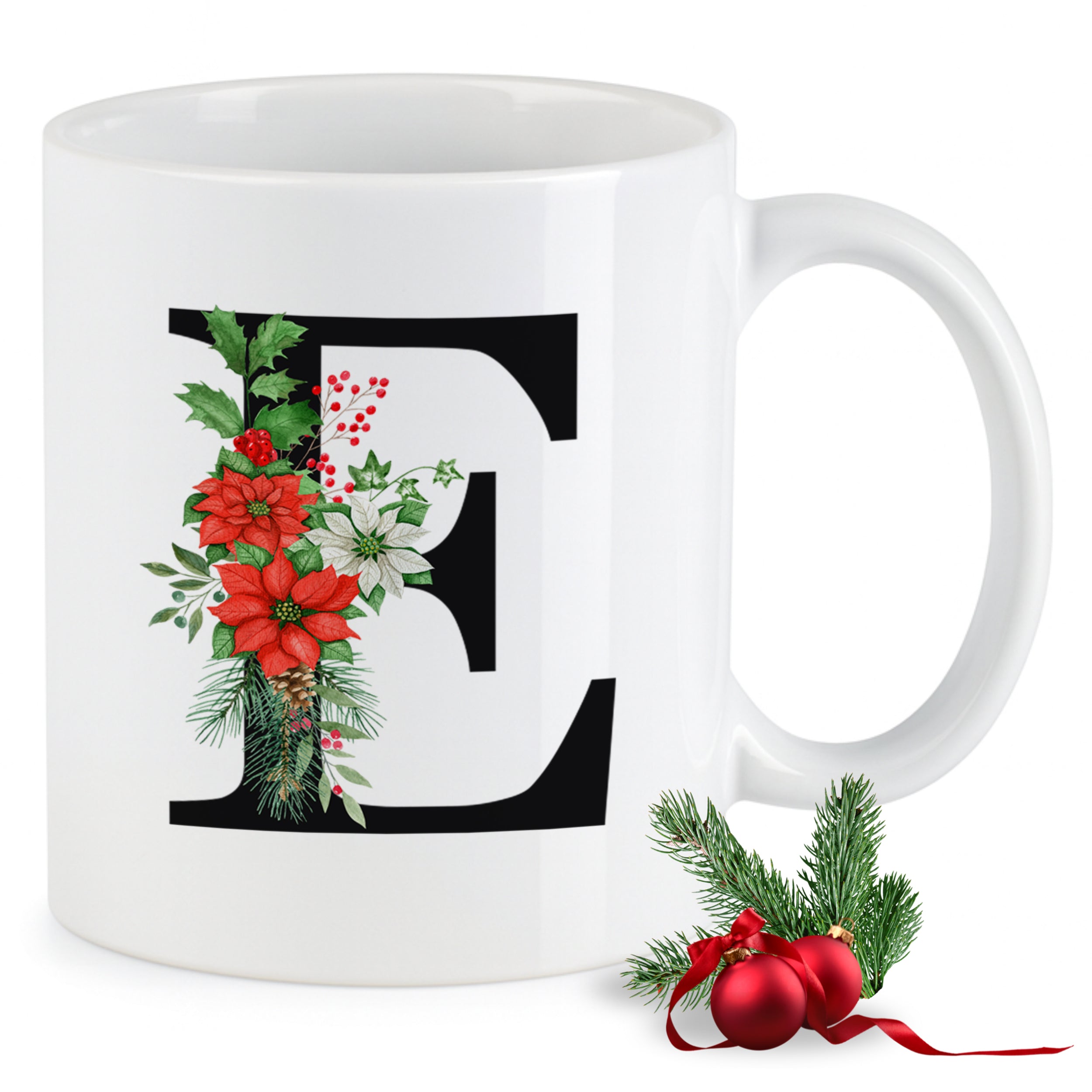 Weißer Becher mit rotem Weihnachtsblumen-Design und Buchstaben E.