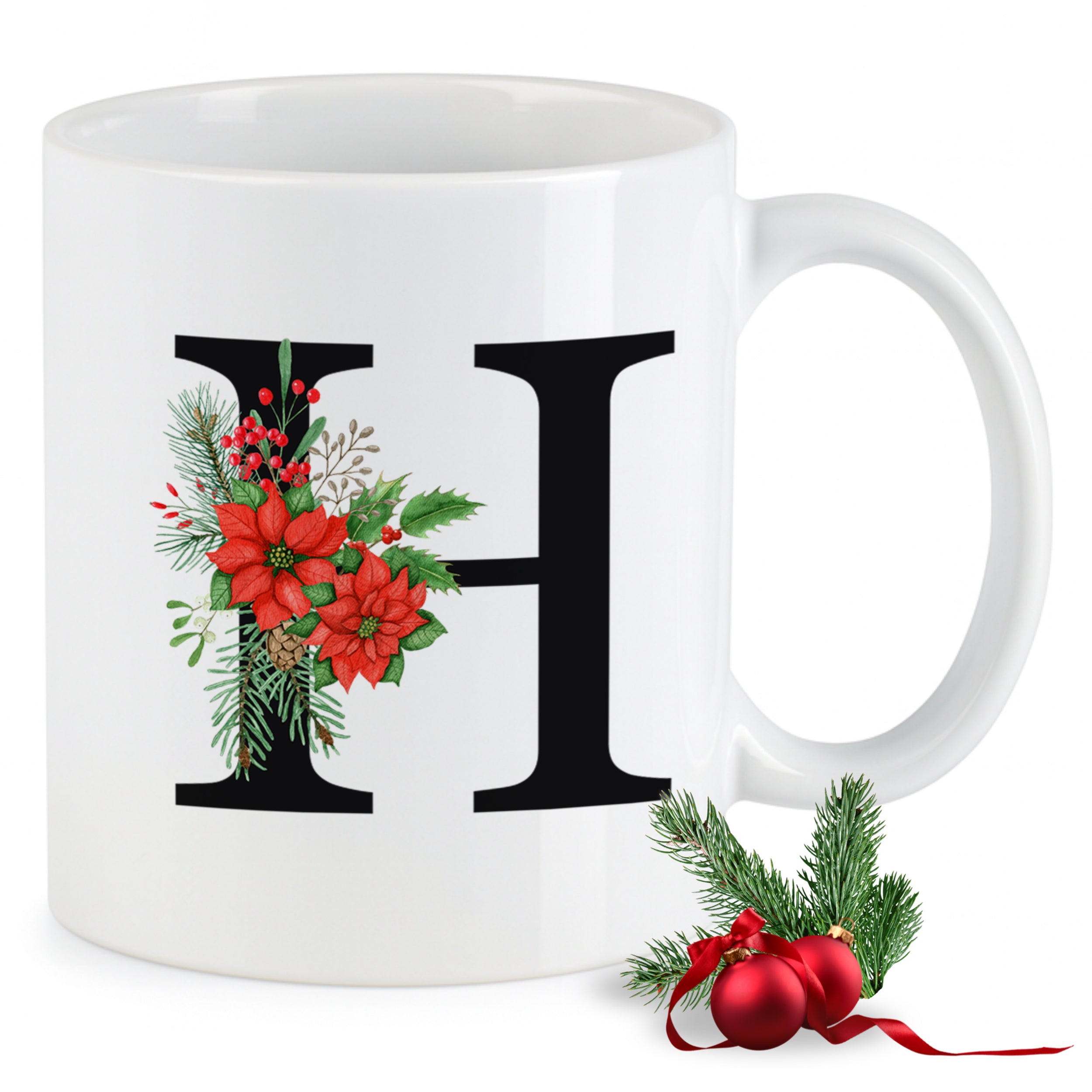 Weißer Becher mit rotem Weihnachtsstern und Initiale H.