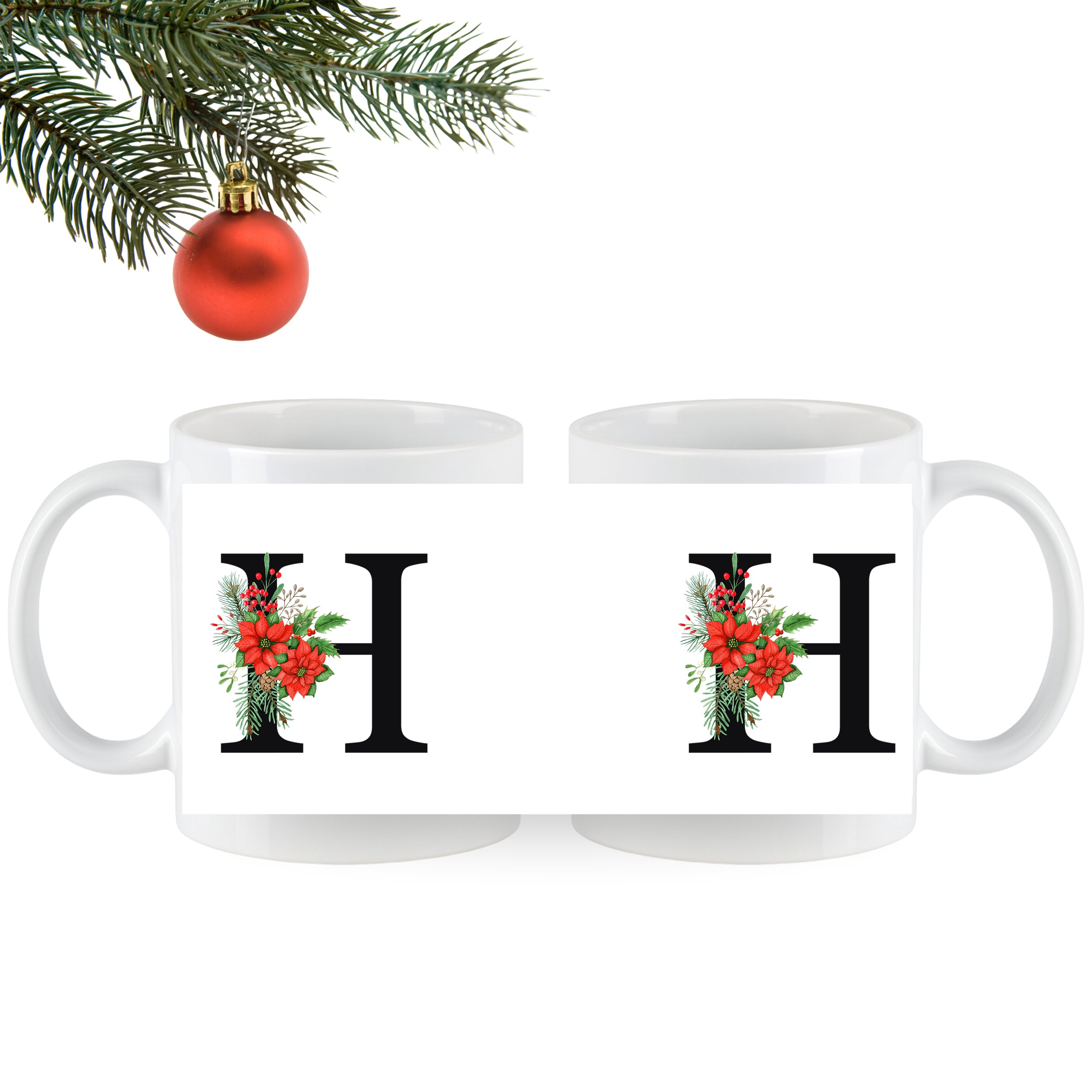 Weißer Becher mit rotem Weihnachtsmuster und Buchstaben H.