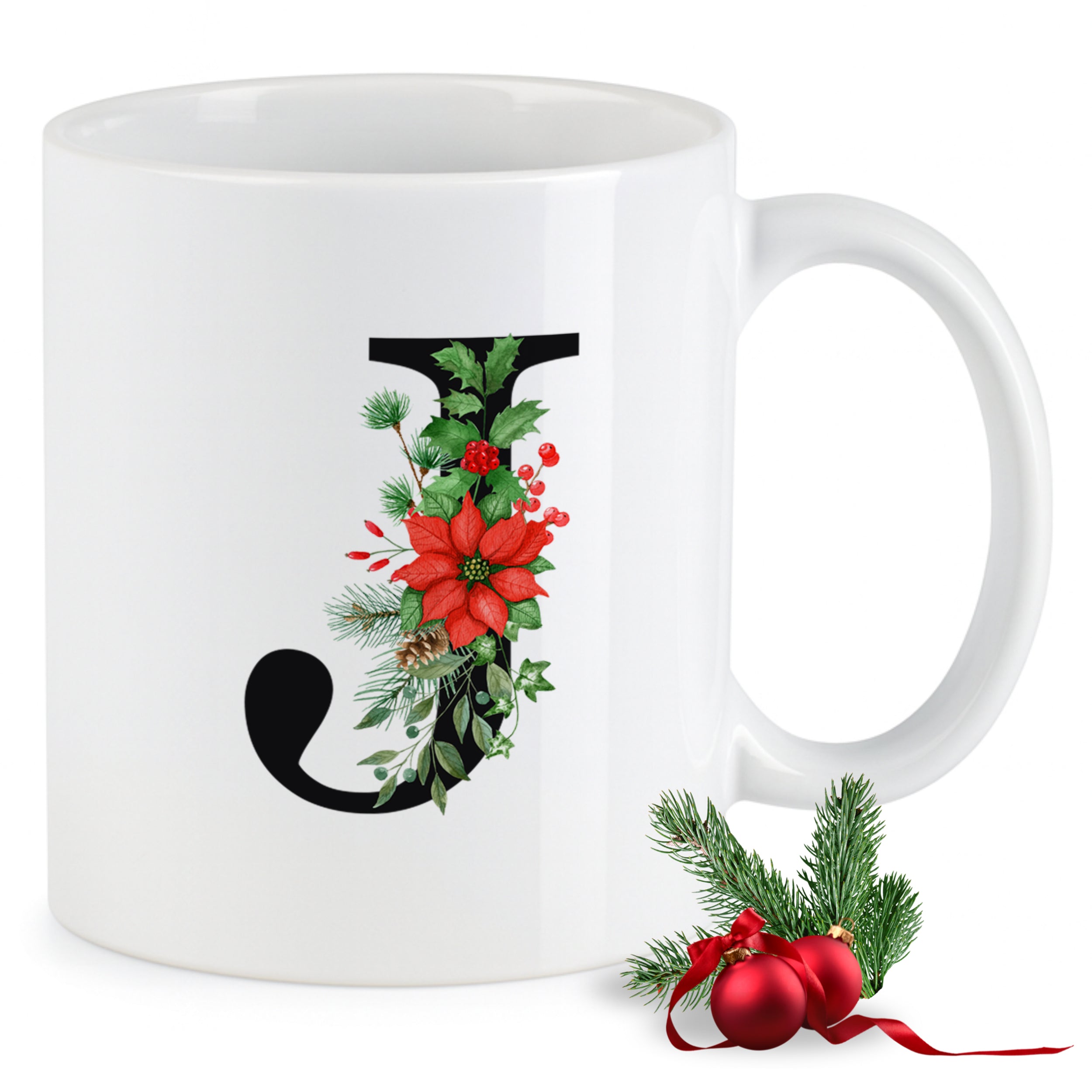 Weißer Becher mit roter Blume und grünen Zweigen.