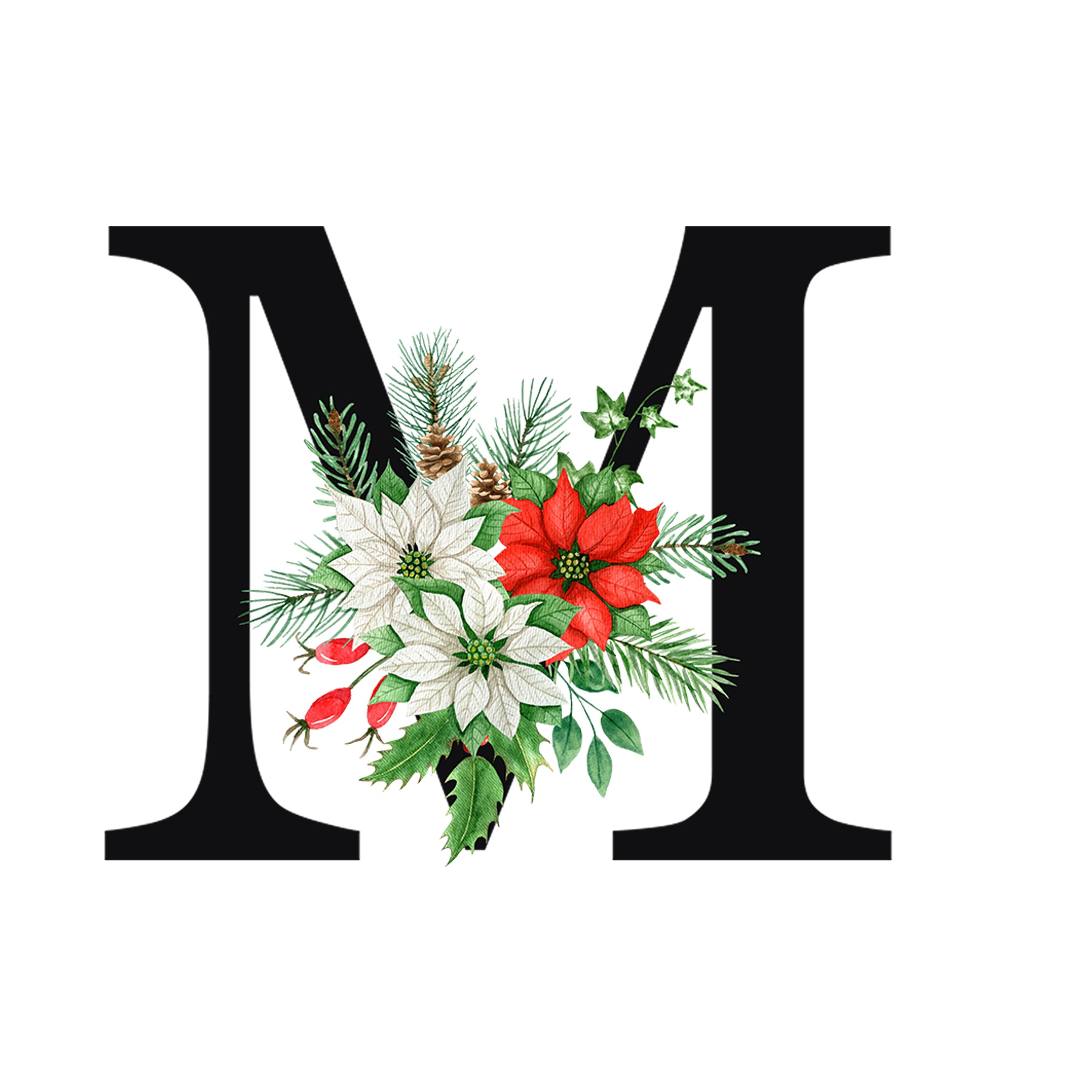Schwarzes "M" mit roten und weißen Weihnachtsblumen.