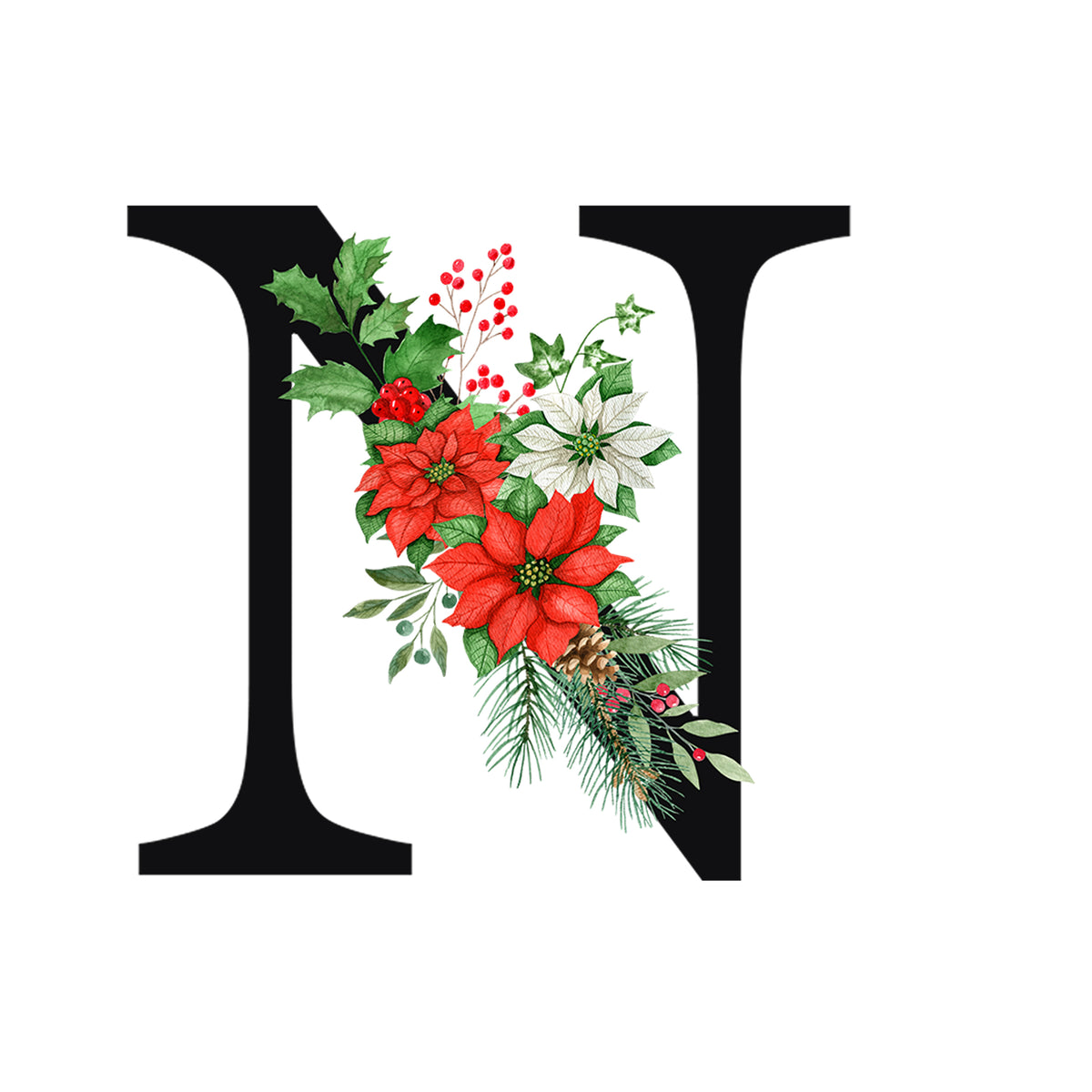Schwarzer Buchstabe "N" mit roten Weihnachtsblumen und grünen Blättern.