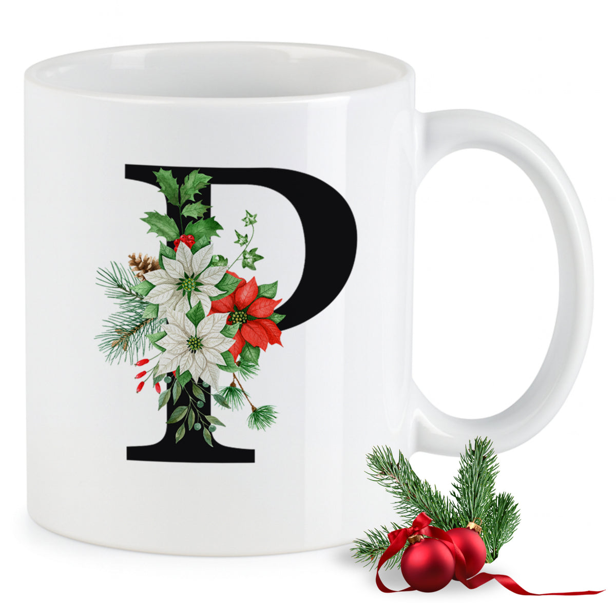Weißer Becher mit floralem Weihnachtsdesign und Buchstaben P.