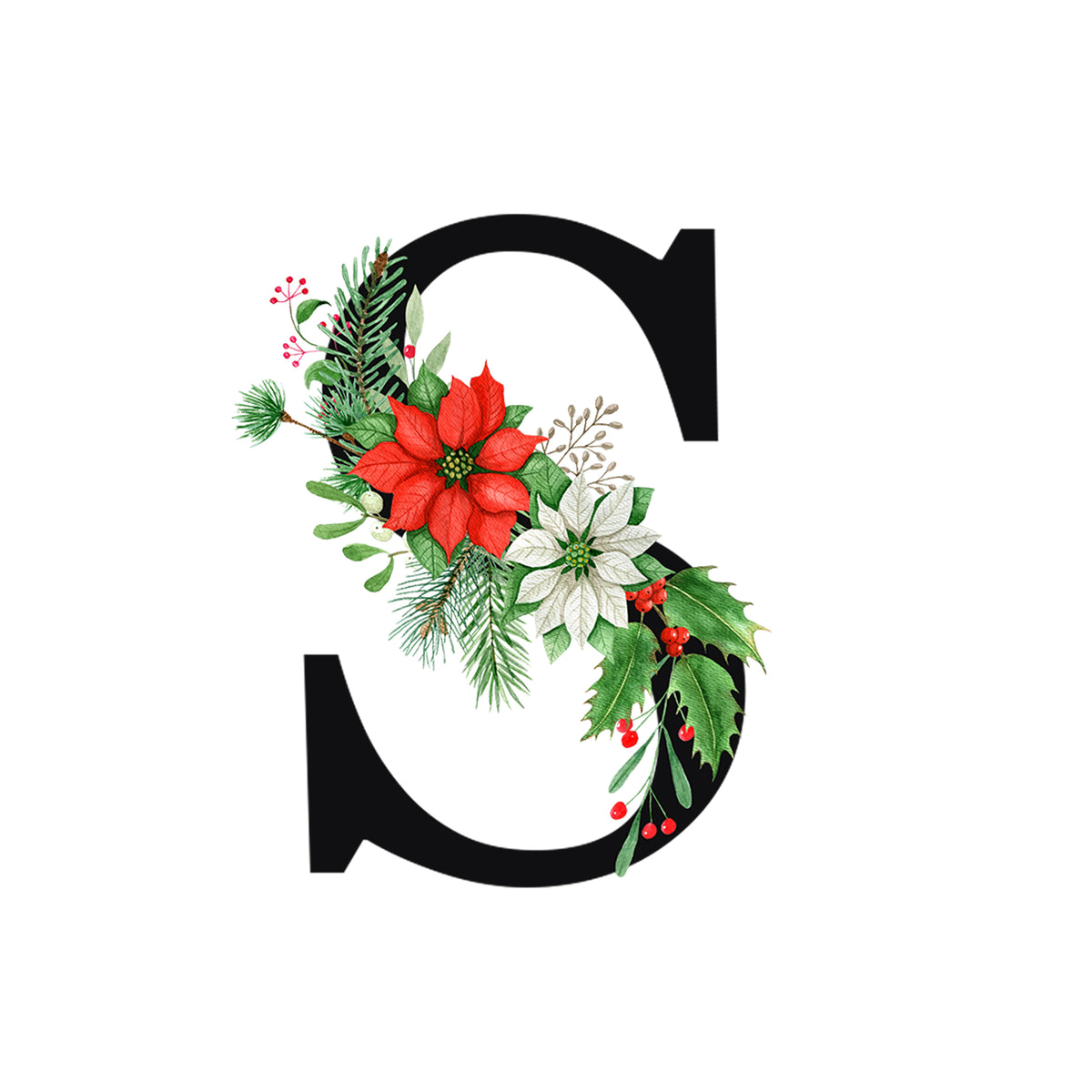 Schwarzer Buchstabe S mit roten und weißen Blumen.