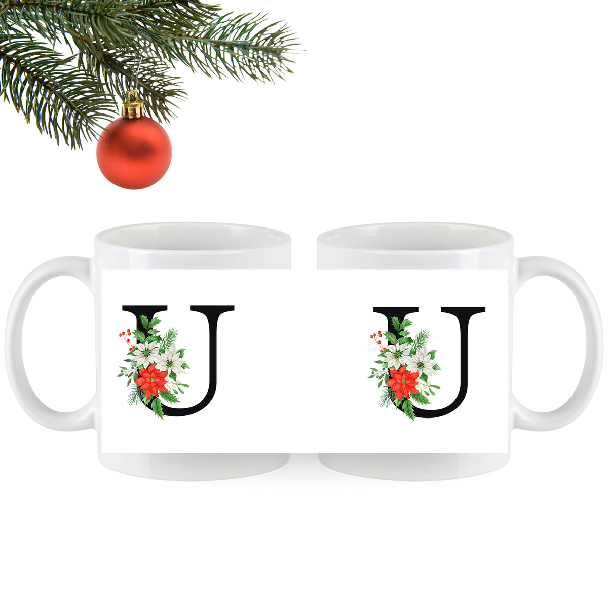 Weiße Tassen mit floralem Design und Buchstaben "U"