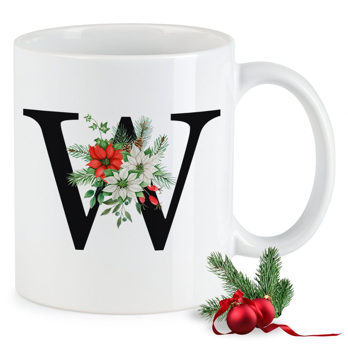 Weiße Tasse mit floralem Weihnachtsdesign und Buchstaben W.