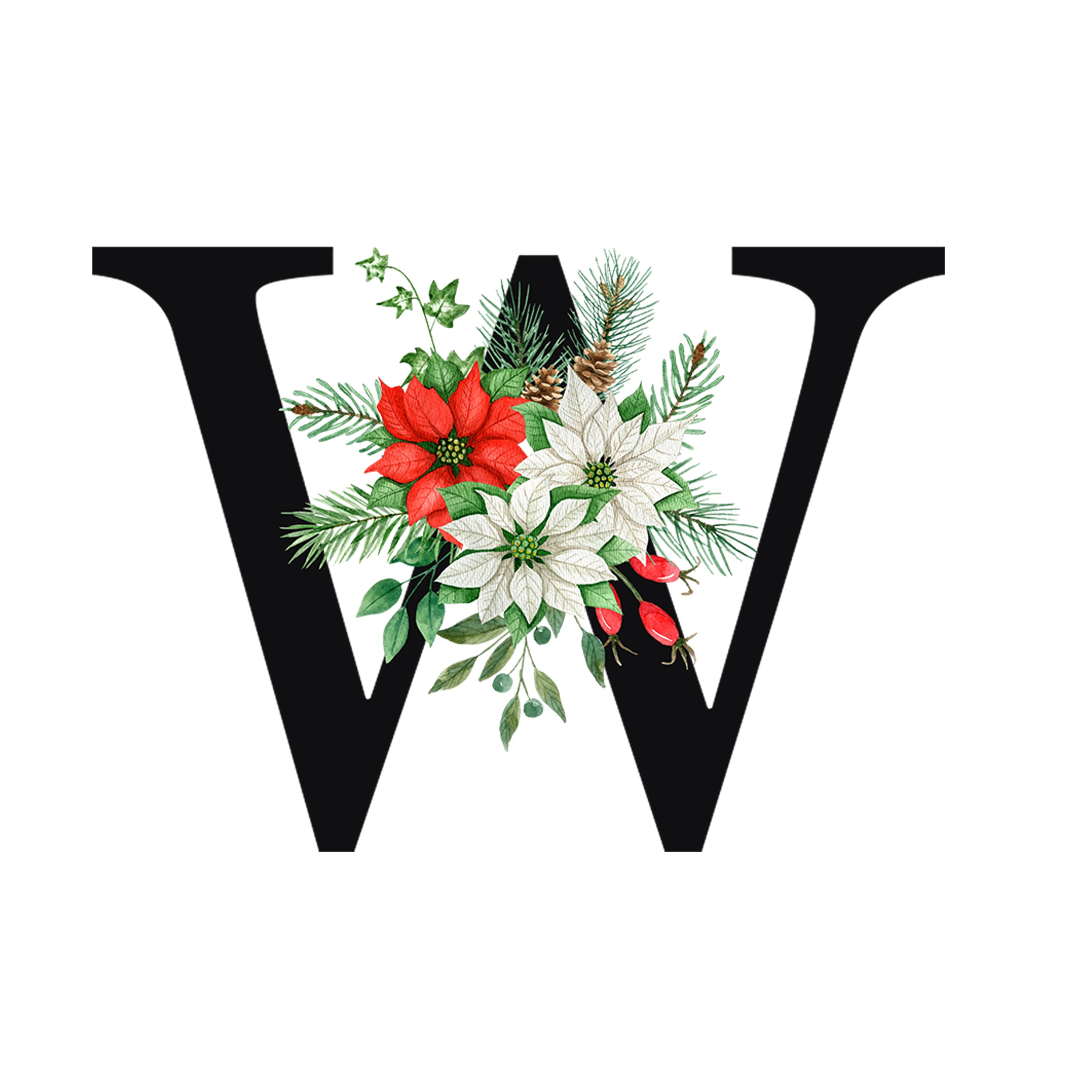 Schwarzer Buchstabe W mit roten und weißen Weihnachtsblumen.