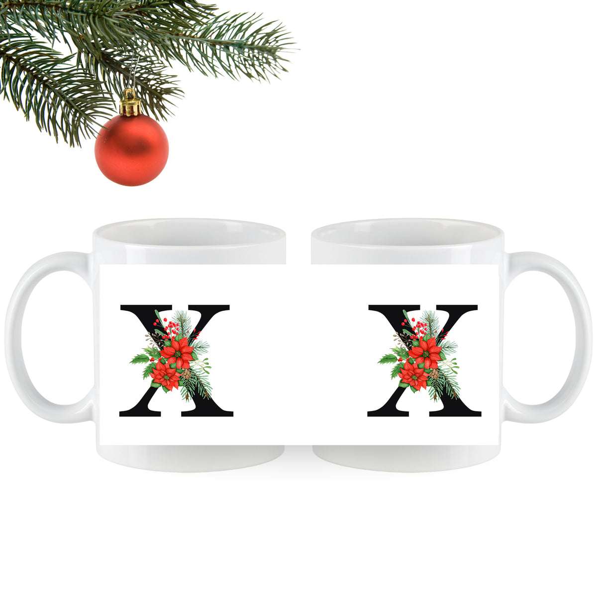 Weiße Tassen mit roten Weihnachtsblumen und schwarzem X.