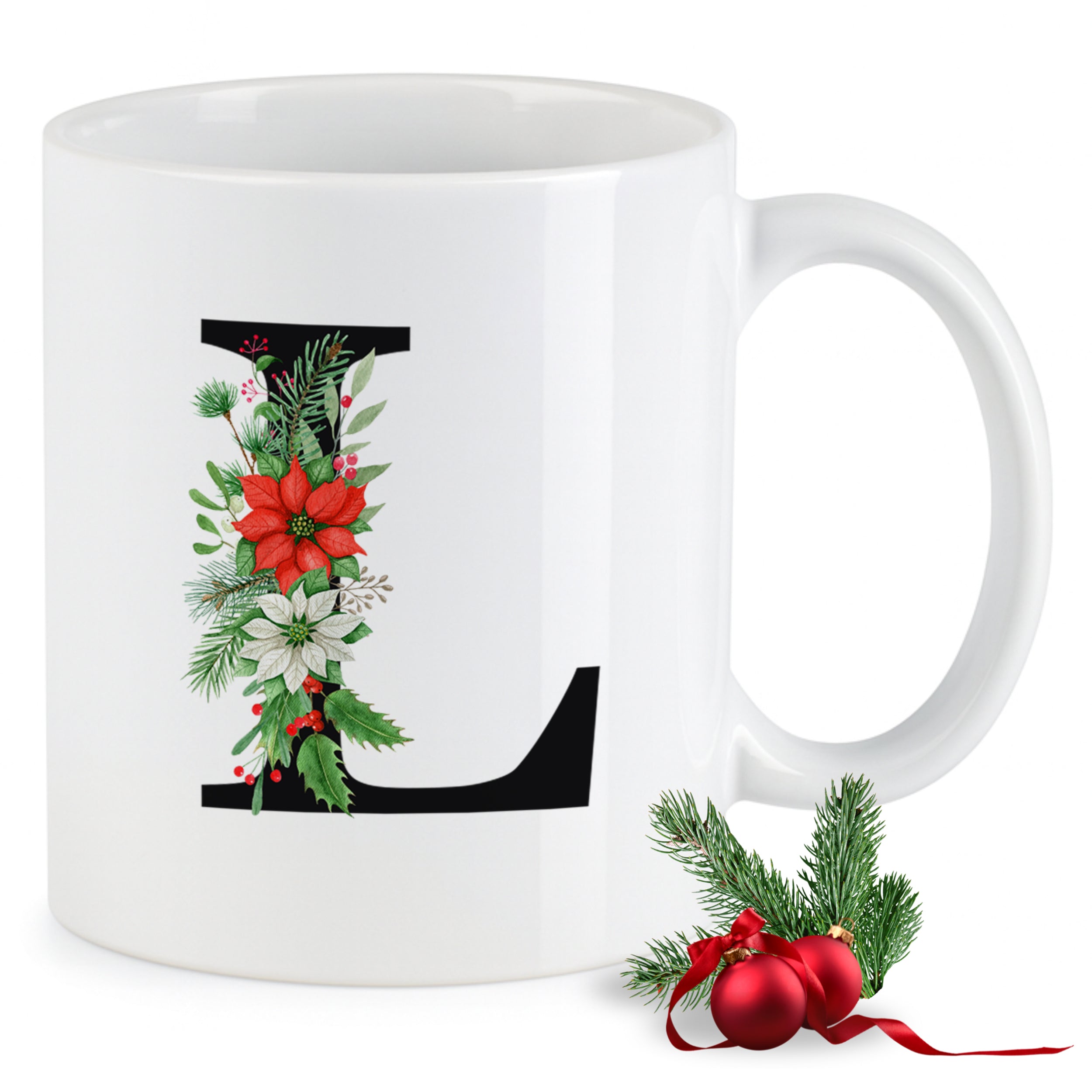 Weißer Kaffeebecher mit floralem Weihnachtsdesign und Buchstabe L.