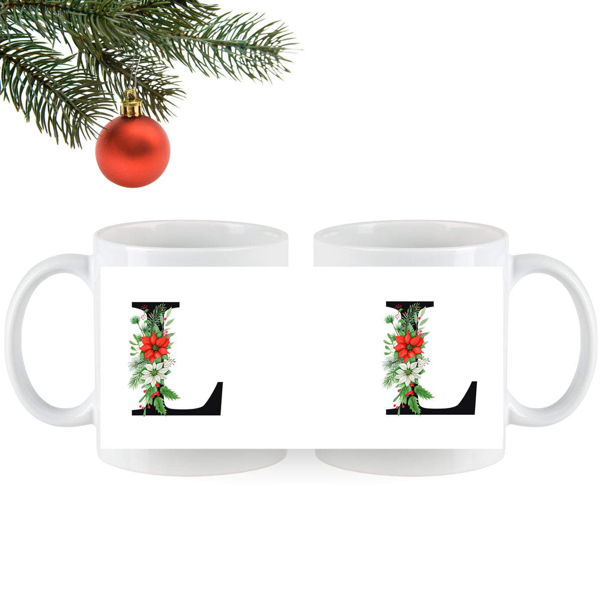 Zwei weiße Tassen mit floralem "L"-Design.
