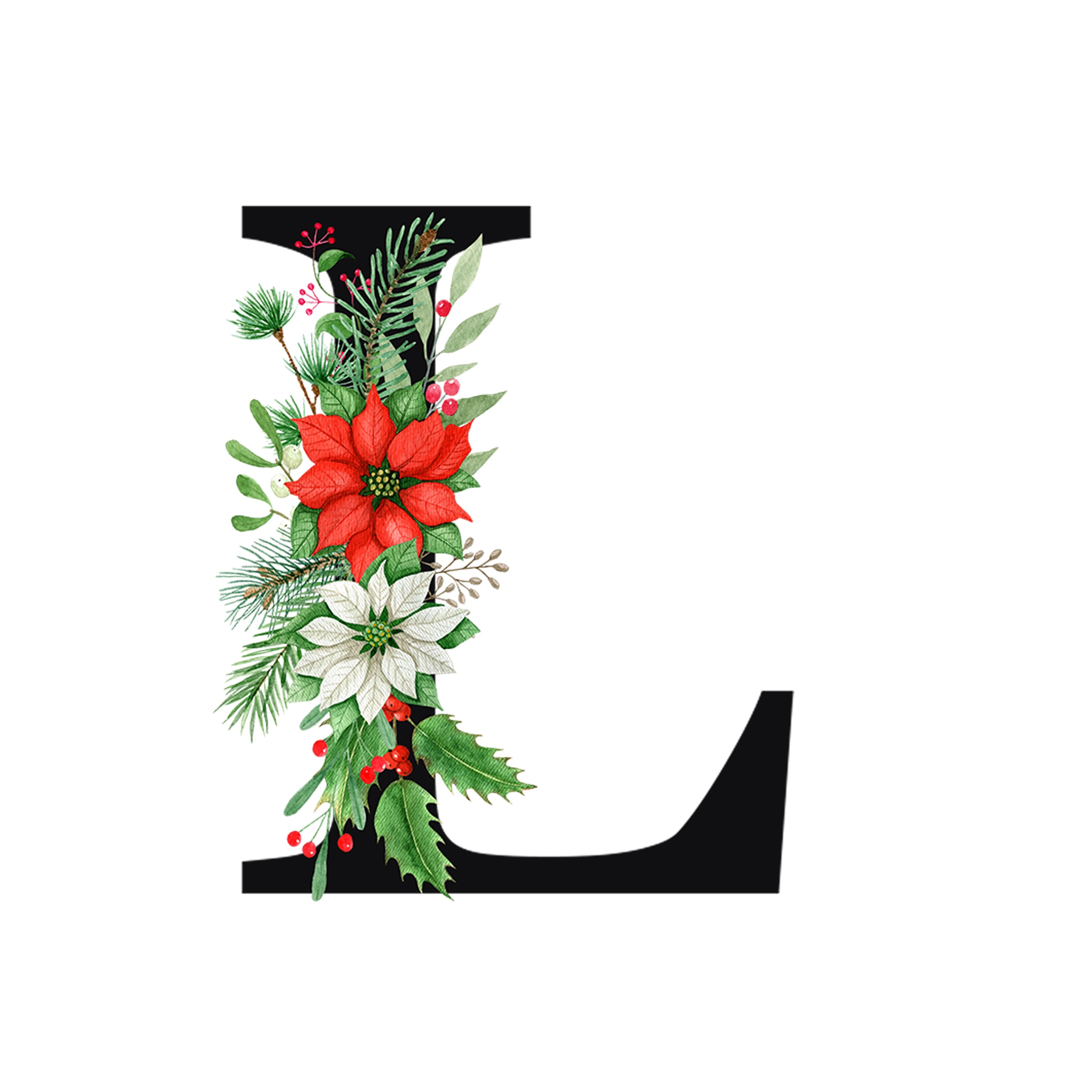 Schwarzes "L" mit roten und grünen Weihnachtsblumen.