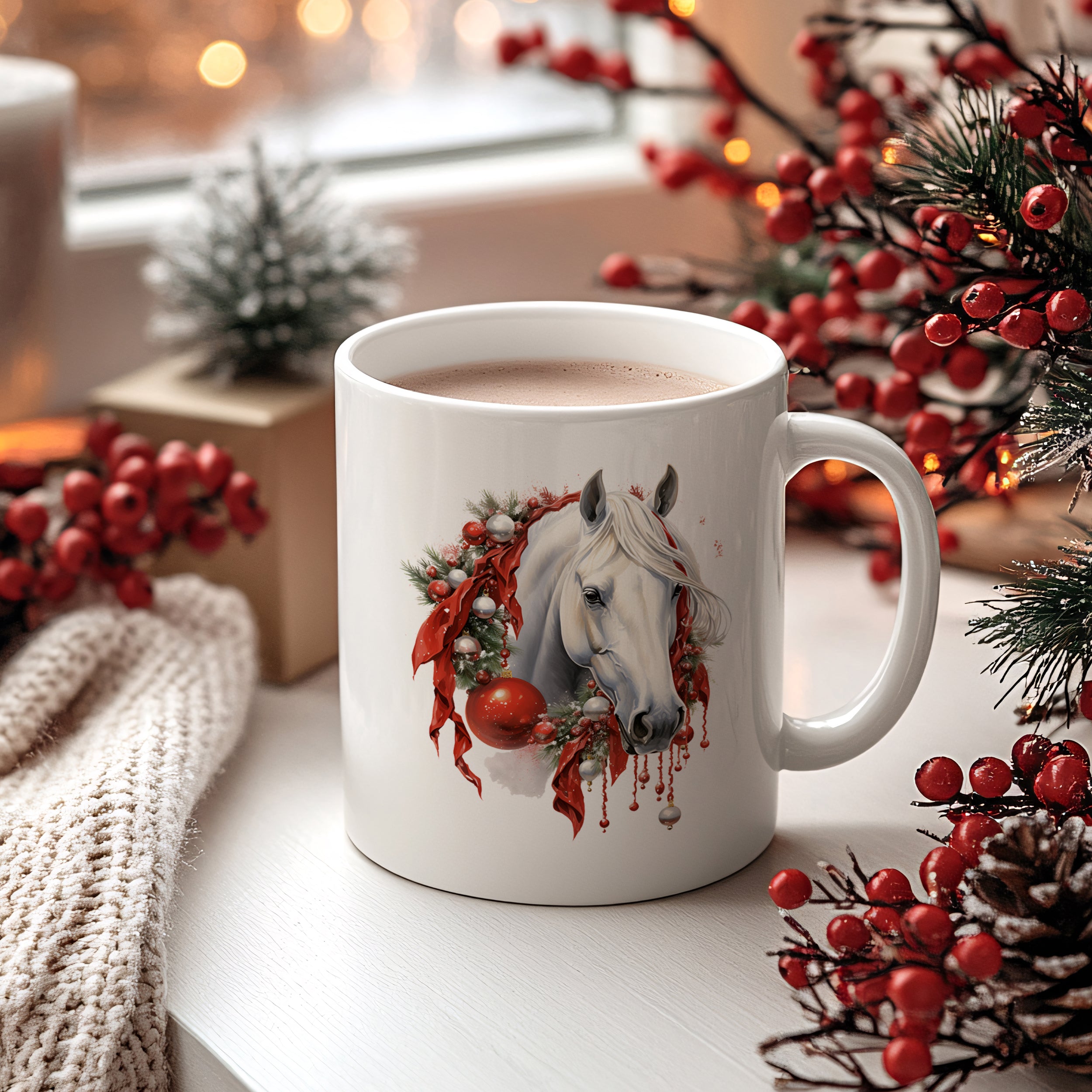 Weißer Becher mit Pferdemotiv und Weihnachtsdekoration.