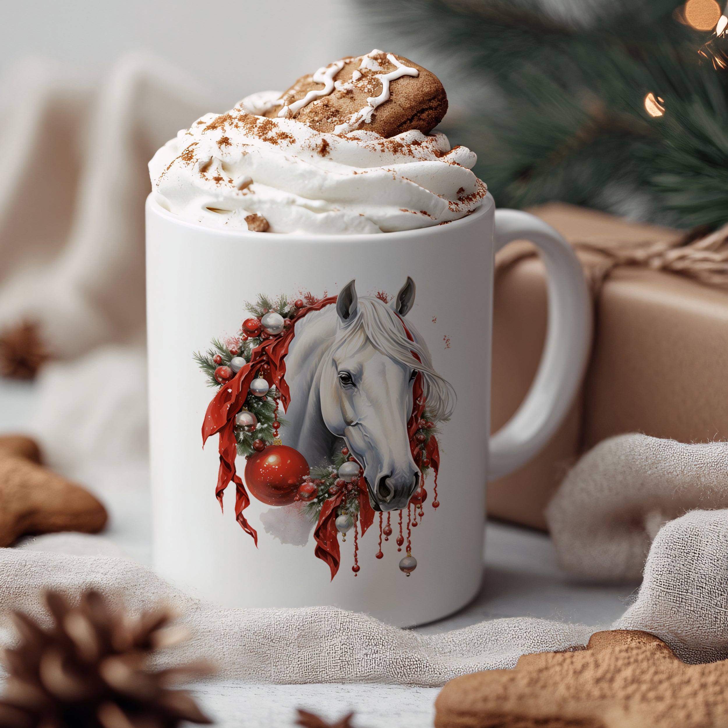 Weißer Becher mit Pferde-Motiv und Weihnachtsdeko.