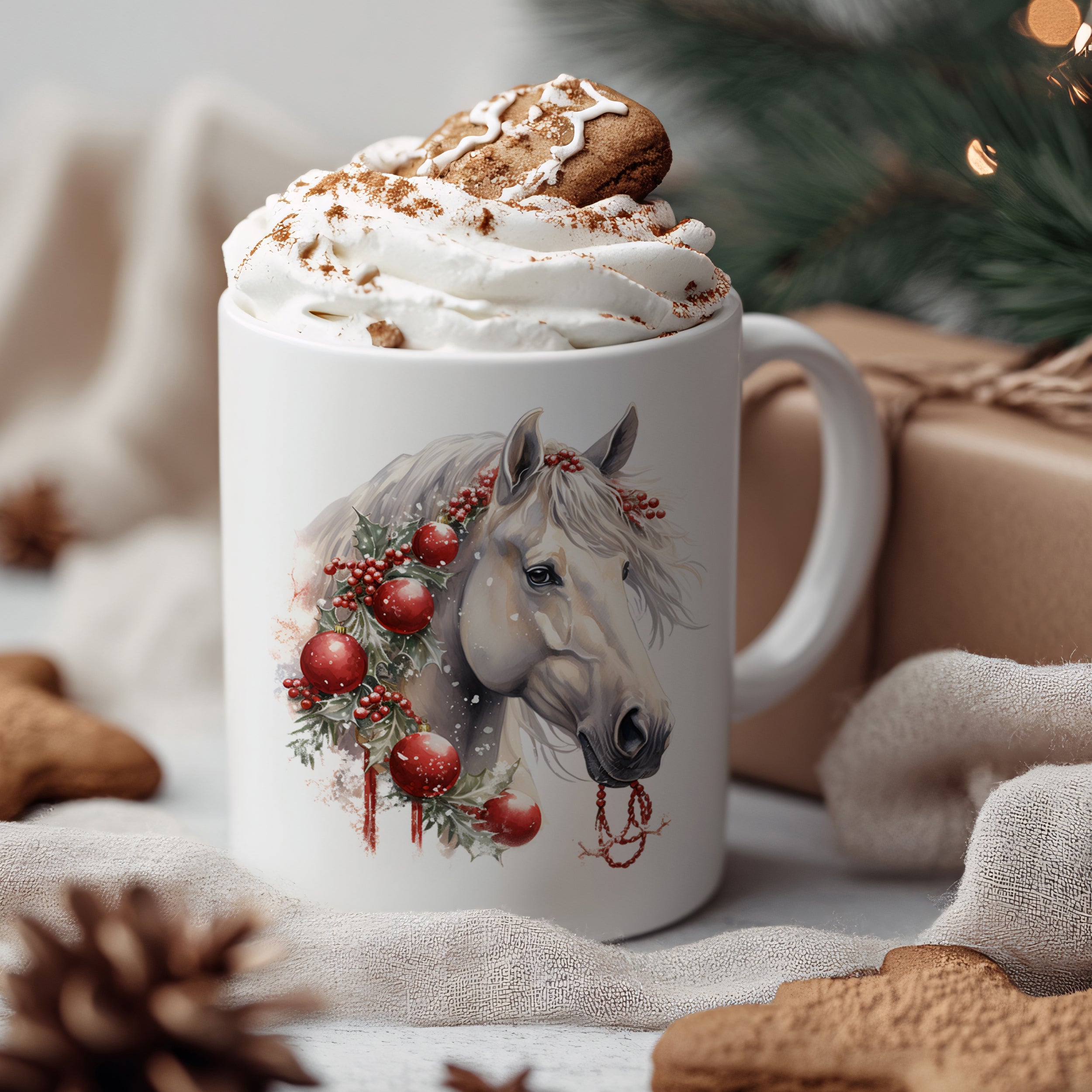 Kaffeetasse mit Pferdemotiv, Weihnachtskranz und roten Kugeln.