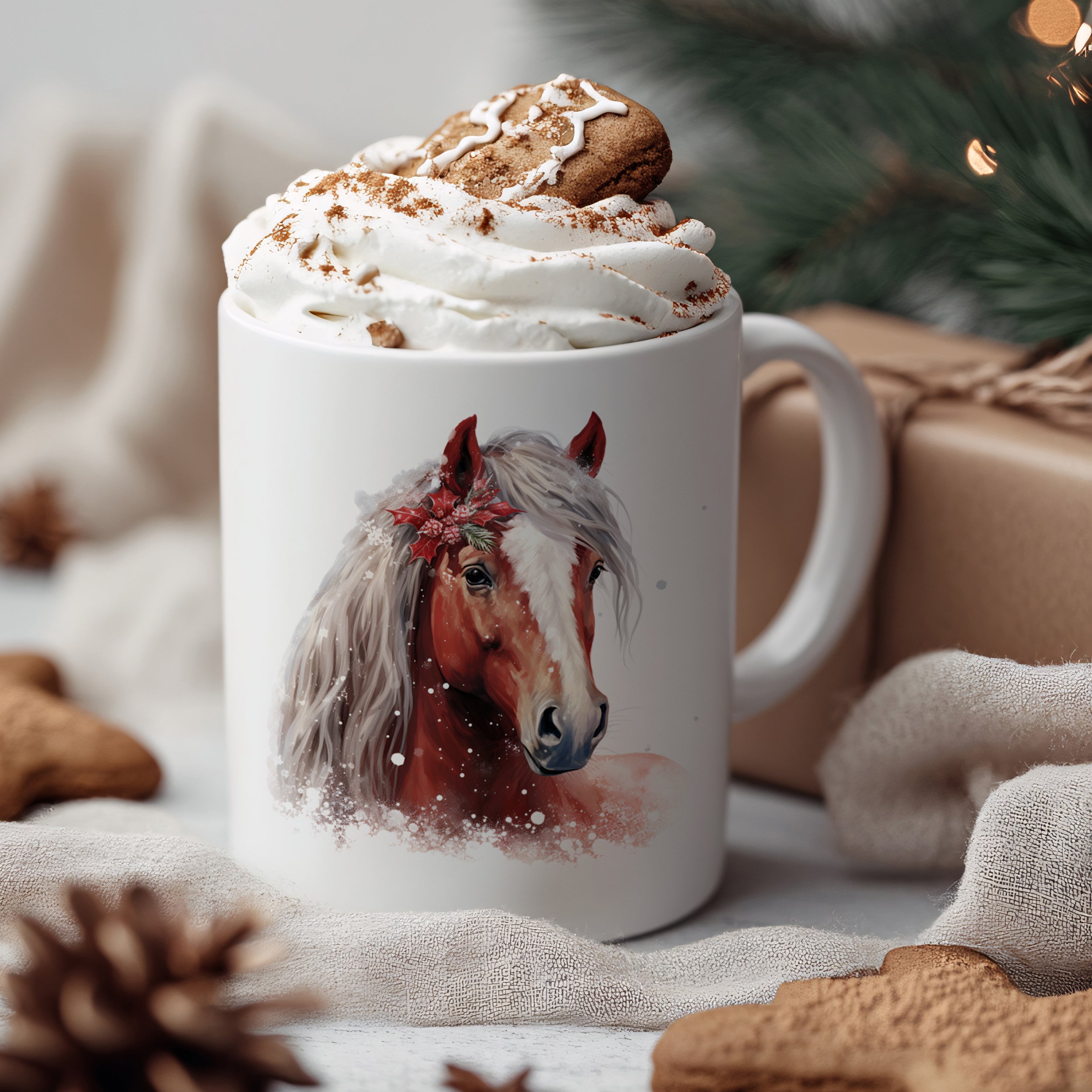 Tasse mit Pferdemotiv, weiß, Sahne und Lebkuchen.