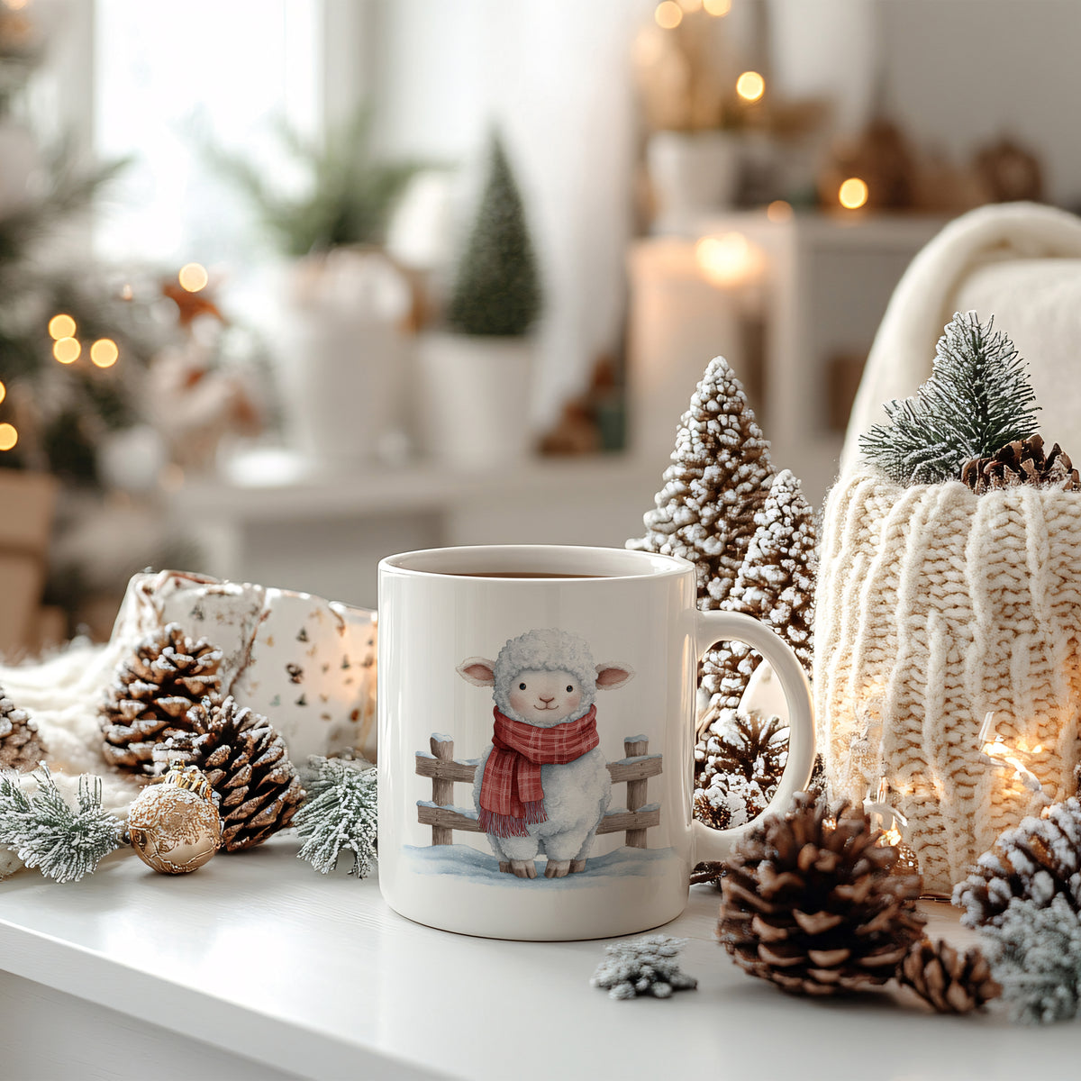 Kaffeetasse mit Schafmotiv, weiß, rote Schal, winterliche Dekoration.