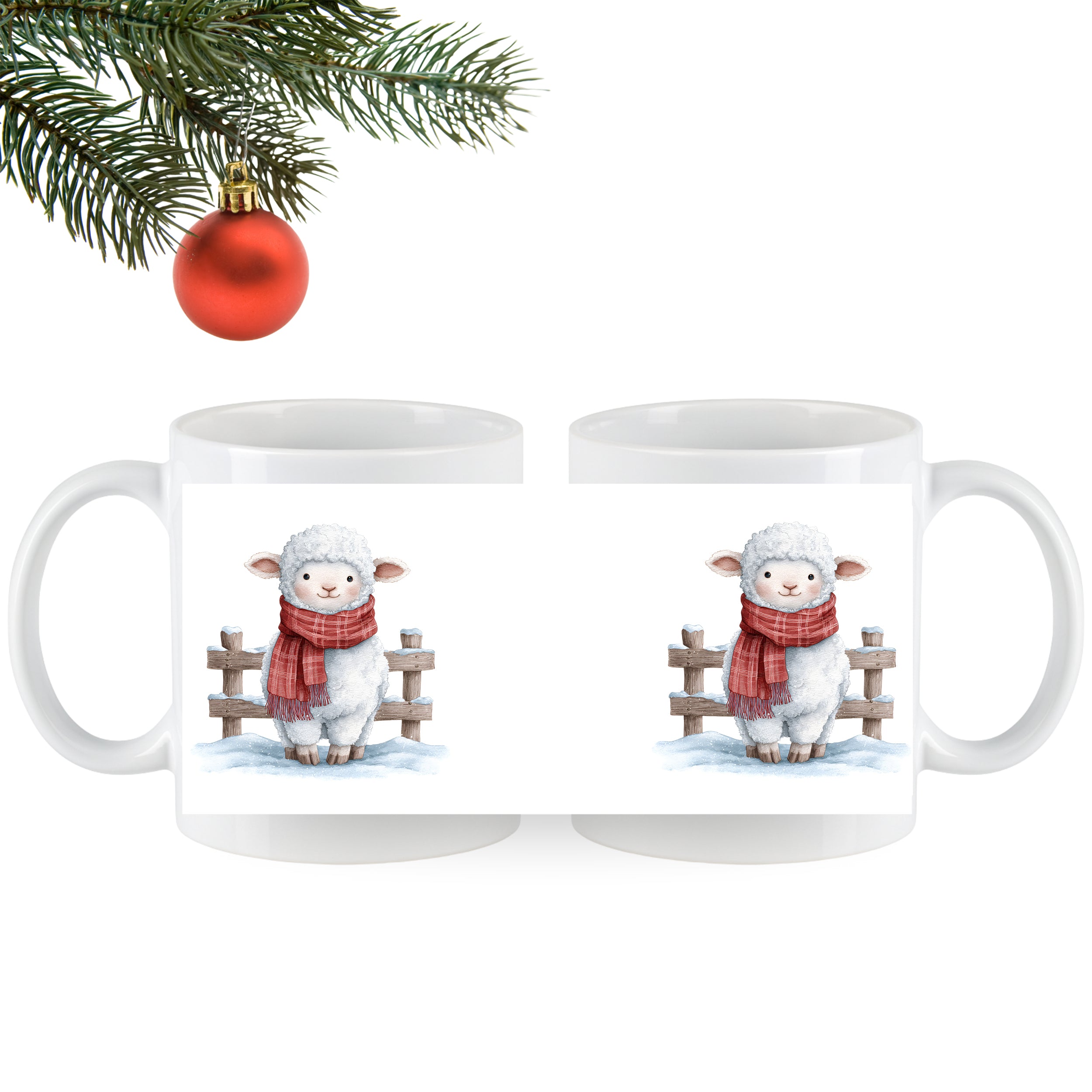 Tasse mit Schaf im roten Schal und Zaun.