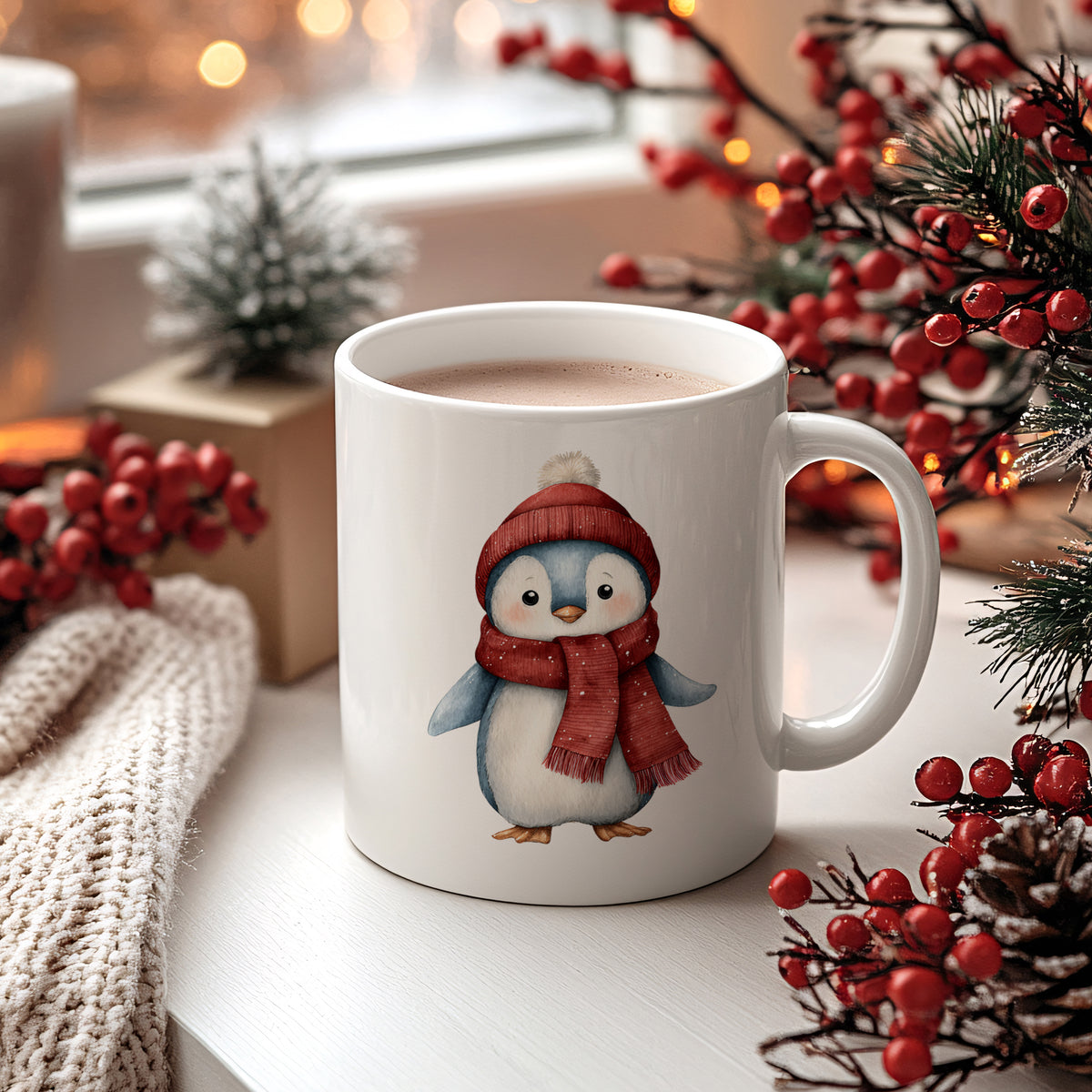 Kaffeetasse mit Pinguin-Motiv, weiß, rot gefütterter Schal.