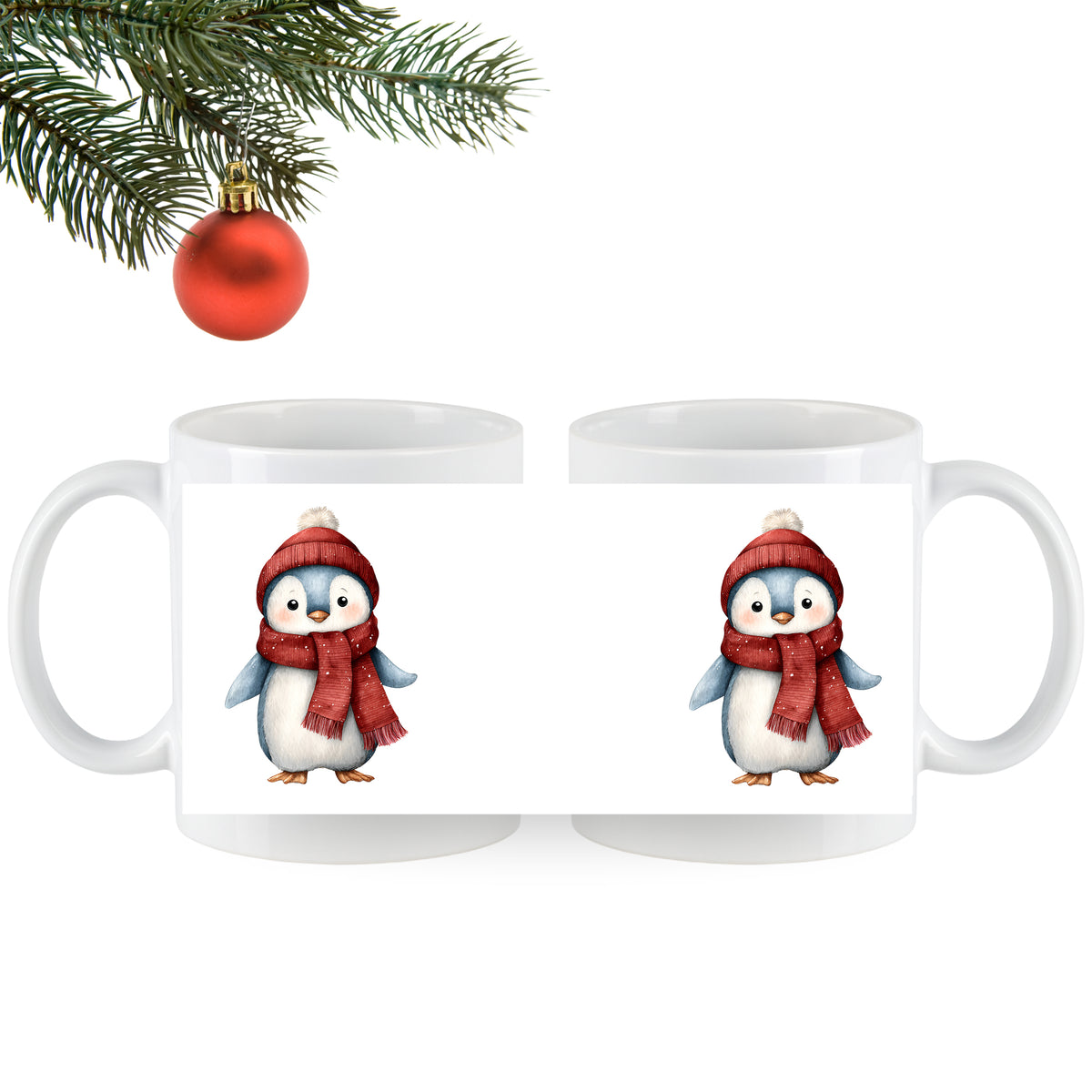Tasse mit niedlichem Pinguin in rotem Schal und Mütze.