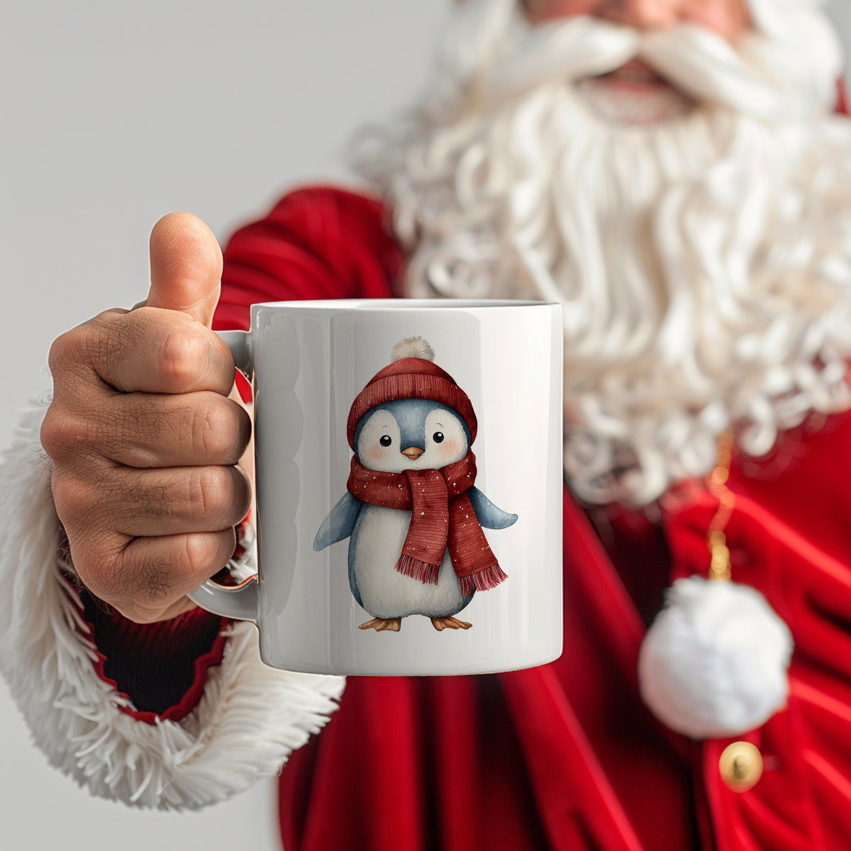 Tasse mit Pinguin-Motiv, rot-weiße Mütze und Schal.
