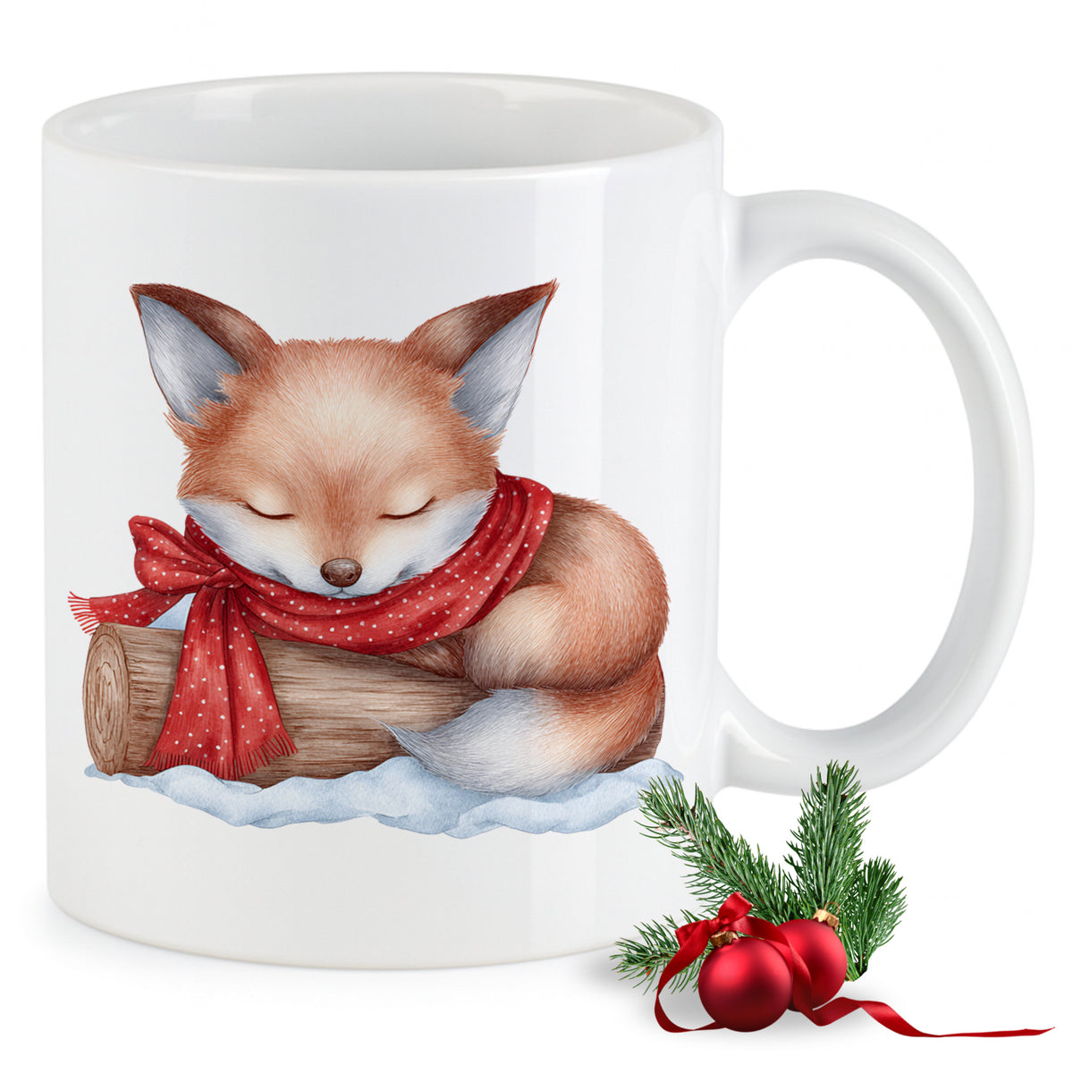 Schlafende Füchsin mit rotem Schal auf weißer Tasse.