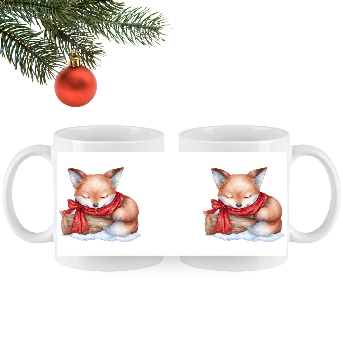 Weißer Becher mit niedlichem Fuchs und rotem Schal.