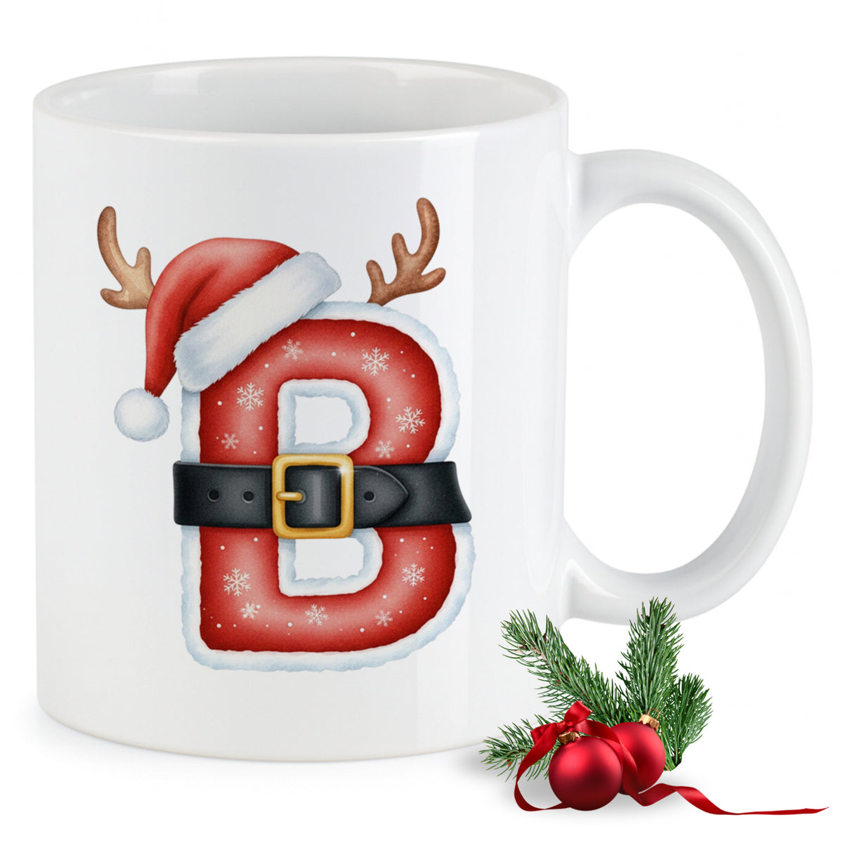 Weißer Becher mit rotem Weihnachtsdesign und Buchstaben B.