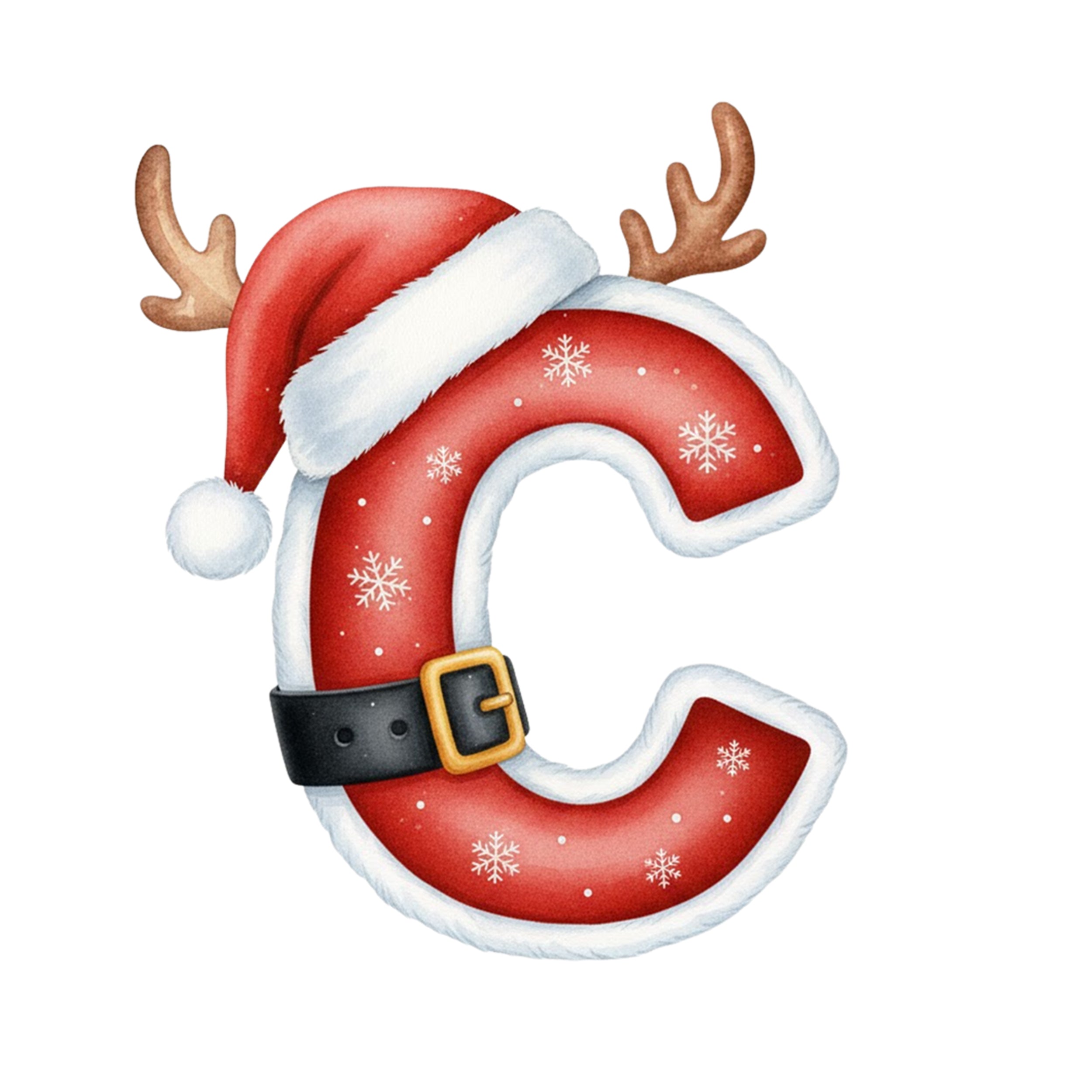 Rotes Weihnachtsbuchstabe "C" mit Schnee, Hut und Geweih.