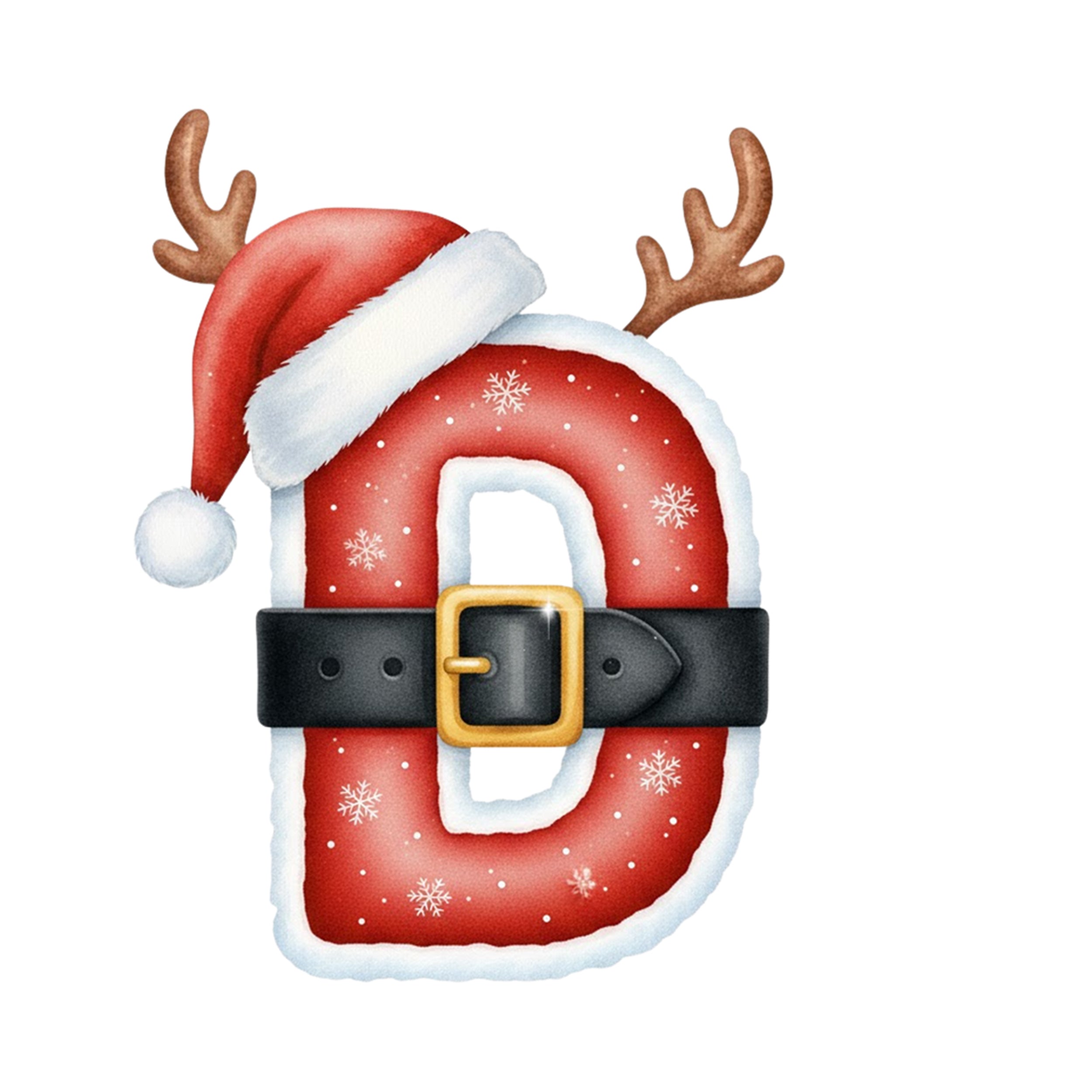 Rote Buchstabe D mit Weihnachtsmütze und Geweihen.