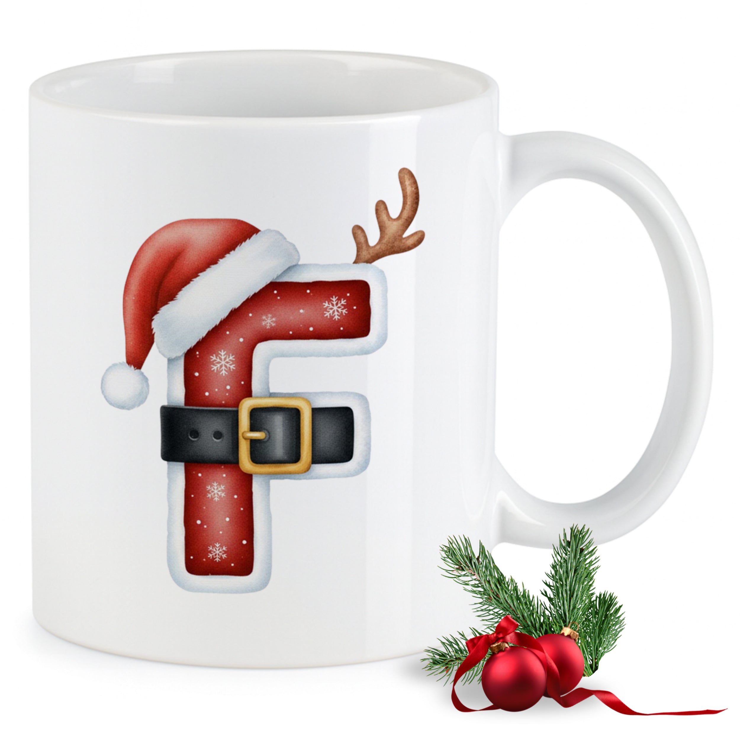 Weißer Weihnachtsbecher mit rotem "F", Weihnachtsmann-Hut und Rentiergeweih.